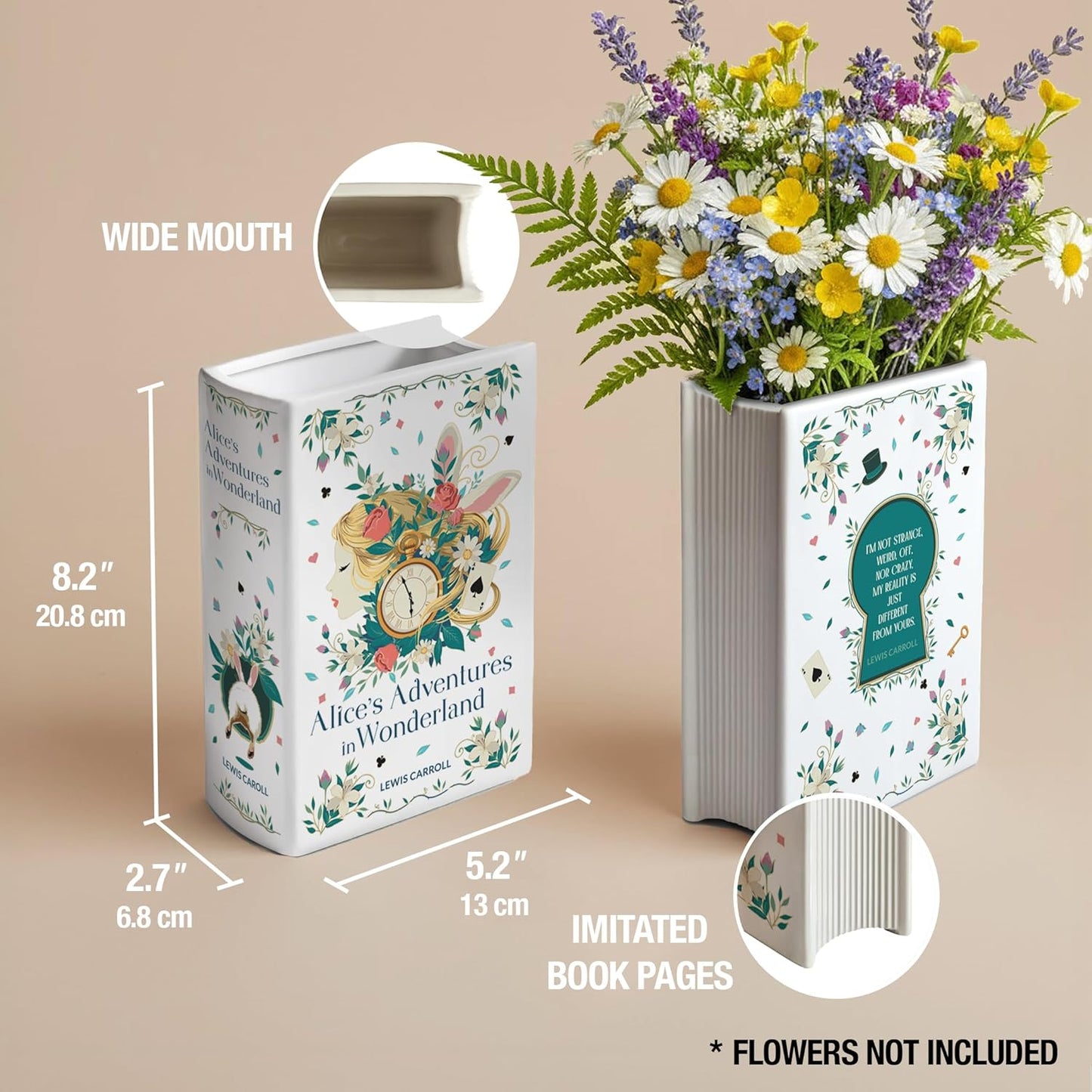 H&H Alice's Adventures in Wonderland Book Vase for Flowers + Bookmark - Lewis Carroll - Large Ceramic Book Planter Pot - Alice in Wonderland Bookish Decor - Bookish Gifts - Bookshelf Vase for Flowers