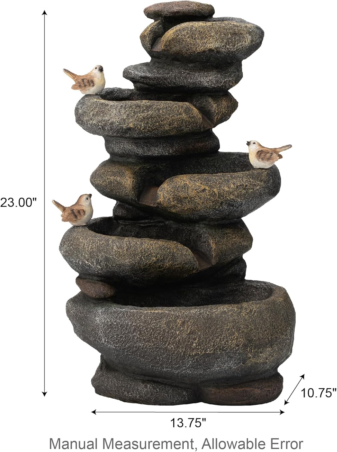 Glitzhome 5-Tier Cascading Rock Outdoor Water Fountain with LED Light & Pump, Natural Stacked Stone Look Water Fountain with Lively Birds for Garden, Patio, Porch, 23”H