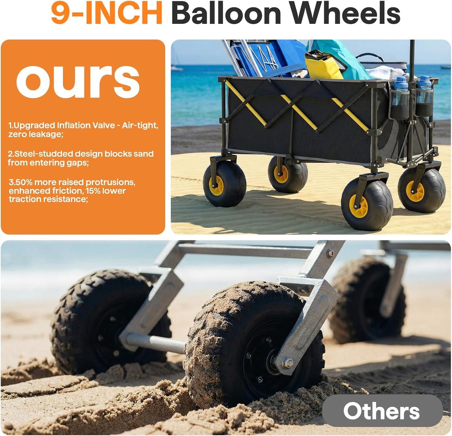 Beach Wagon with Big Wheels - Heavy Duty Foldable All Terrain Cart with 9" Balloon Wheels for Sand - Large Collapsible Beach Dolly with Upgraded Sand Tires & Detachable Cooler Bag, Black