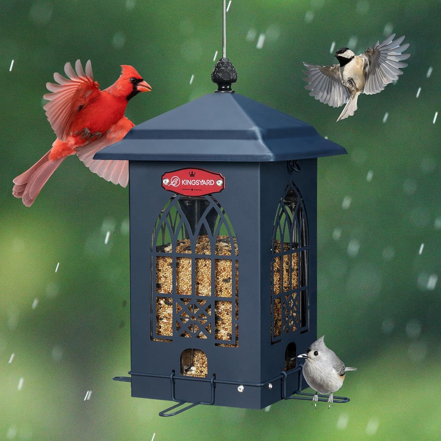 Kingsyard Squirrel Proof Bird Feeders for Outdoors with Weight-Activated Perches, 5 Lbs Capacity Large Metal Bird Feeder House for Small Wildbirds Cardinal Finch Bluebird, Weatherproof, Blue