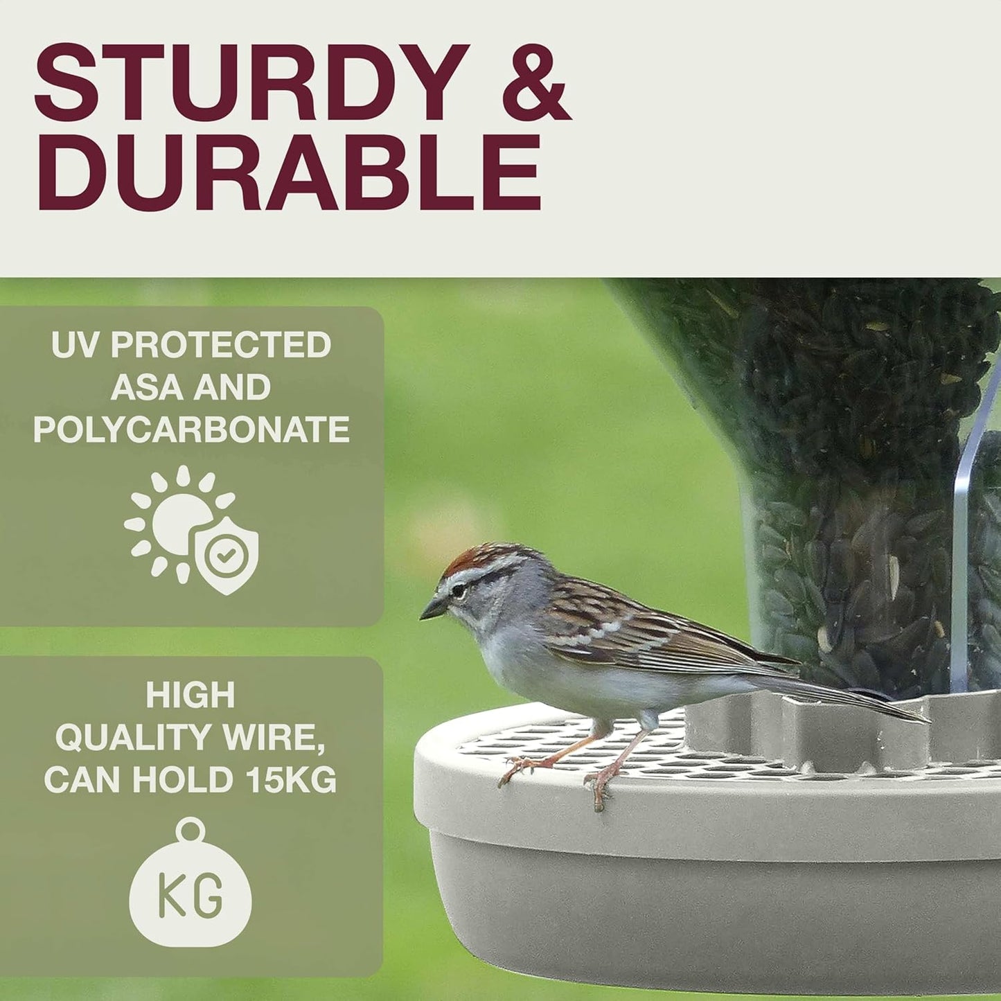 SWISSINNO Bird Feeders - No Mess Hanging Bird Feeder for Outdoors - Smart Birds Davos Spill Proof Wild Cardinal & Small Bird Feeder with Integrated Seed Catcher Tray - Dual Chamber - Light Grey