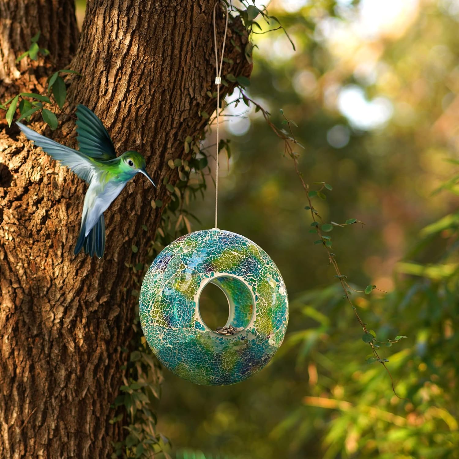 Topadorn Outdoor Bird Feeder - Decorative Mosaic Circle Fly Through De