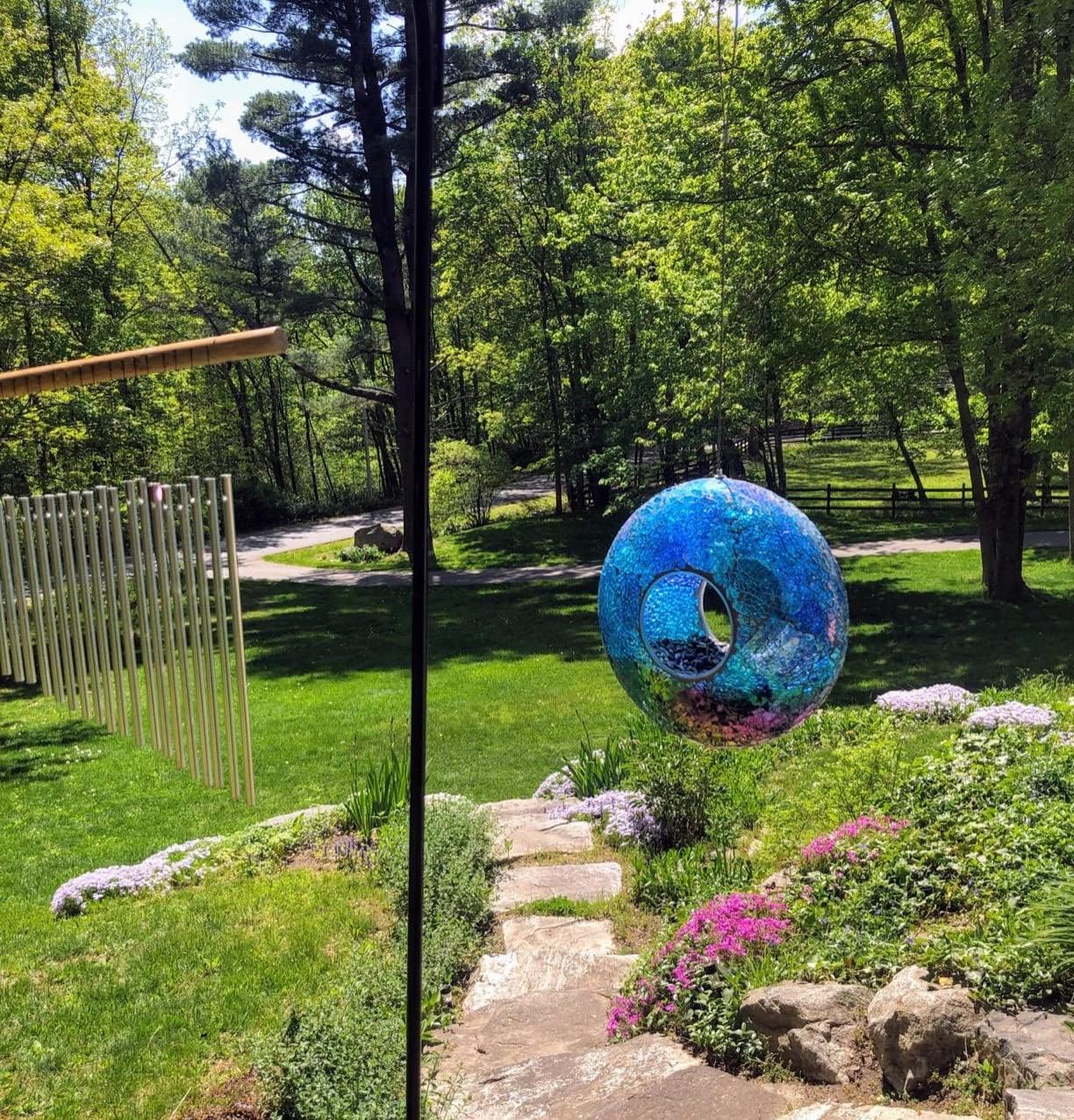 Bird Feeder, Round Squirrel-Proof Wild Bird Feeder, Fly-Through Hanging Glass Design, Large Wreath-Shaped Bird Feeder, Mosaic Patterns for Outdoor Gardens and Yards Decoration, Blue Circle