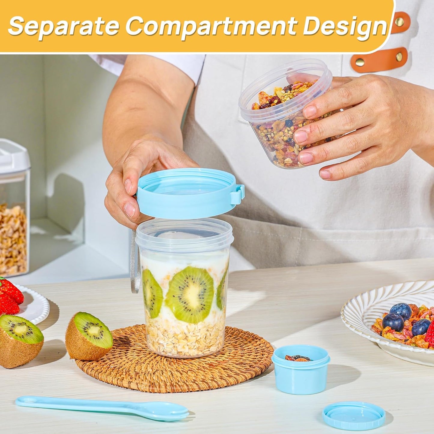 Vtopmart 4 Pack 27oz Yogurt Parfait Cups with Lids and Spoons, Overnight Oats Containers, Reusable Topping Compartment for Breakfast with Yogurt, Cereal or Oatmeal On-the-Go