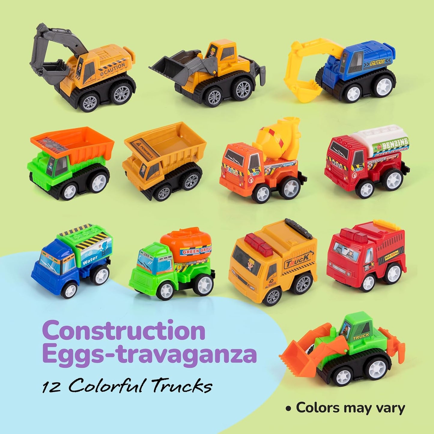ArtCreativity Pre Filled Easter Eggs with Plastic Vehicles Inside - 12 Colorful Surprise Eggs for Kids with Pullback Construction Truck Toys - Easter Hunt Supplies - Basket Stuffers