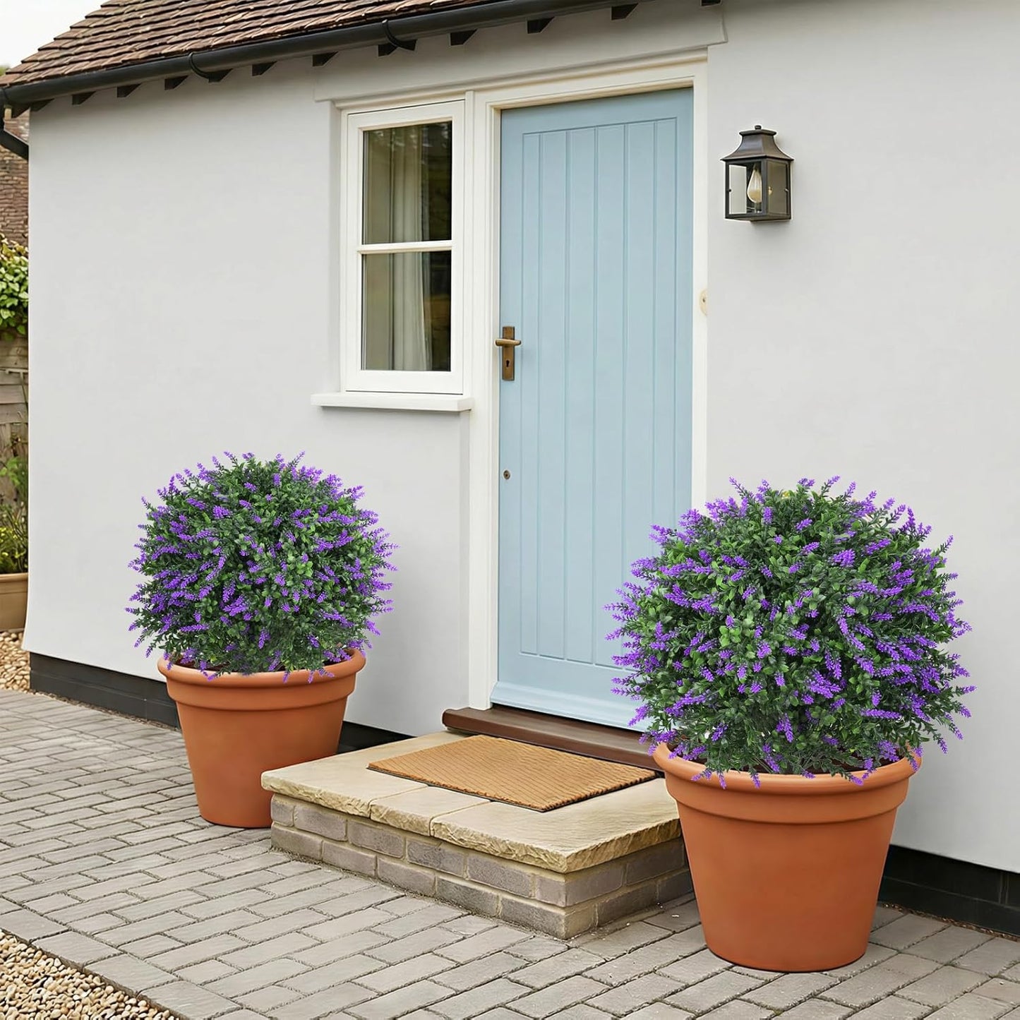Dense Foliage Artificial Lavender Topiary Ball Trees 24 Inch, 2 Pack UV Resistant Fake Plants with Ground Spike, Outdoor Faux Shrubs for Garden, Patio, Porch, Yard Decor