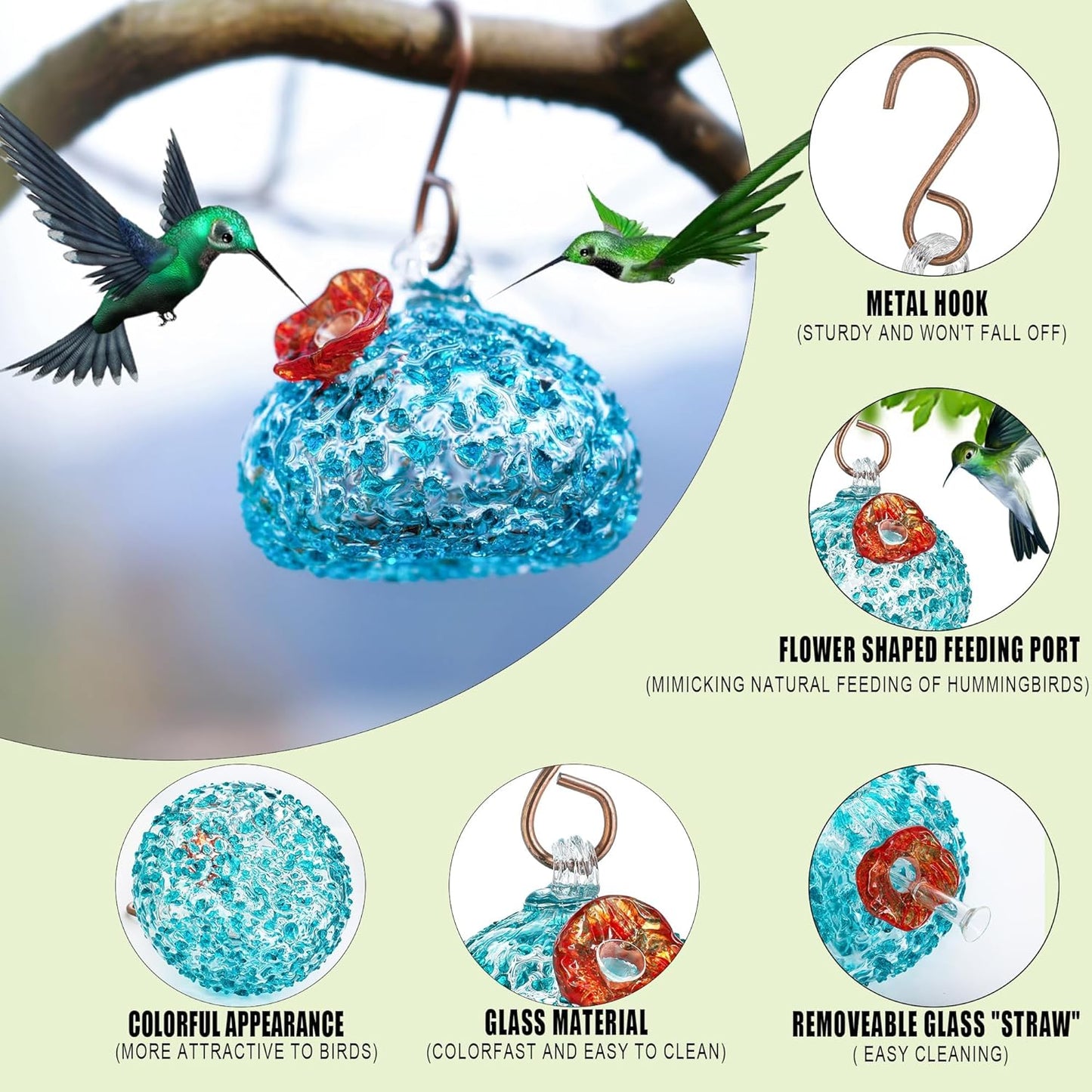 Hand Blown Glass Hummingbird Feeder for Outdoors Hanging Glass Humming Bird Feeder for Garden Backyard Decor
