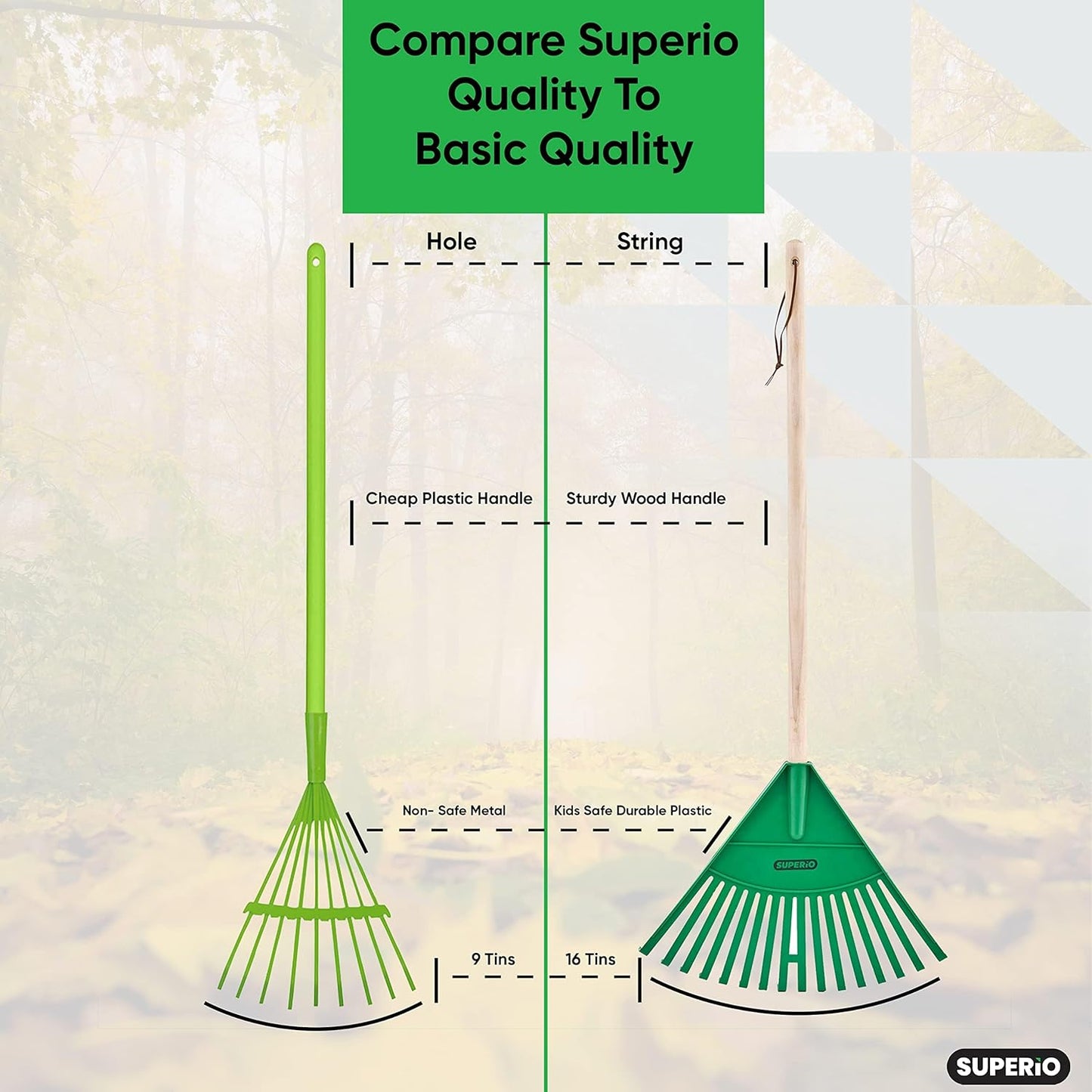 Superio Kids Rake with Hardwood Handle, Gardening and Lawn Care Tools 
