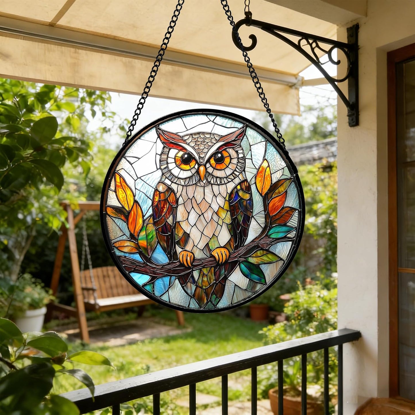 Stained Glass Window Hanging, Owl Colorful Leaves Birds Sun Catchers Diamond Glass Panel Hangings Suncatcher Decor for Birthday for Women, Men, Wife, Aunt, and Mom 7.8 in