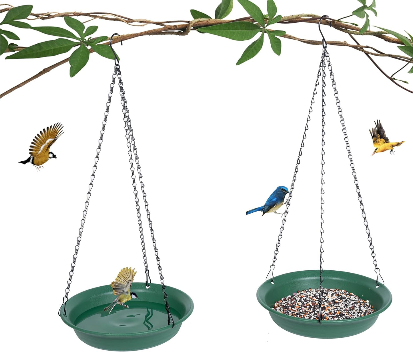Hanging Bird Feeder & Bath for Outdoors, Wild Bird Feeders Tray, Hanging Birdfeeder Birdbath for Outside, Cardinal, Blue Jay, Crow, Birdfeeders Trays (10", 1 Pcs with Hole & 1 Pcs No Hole)
