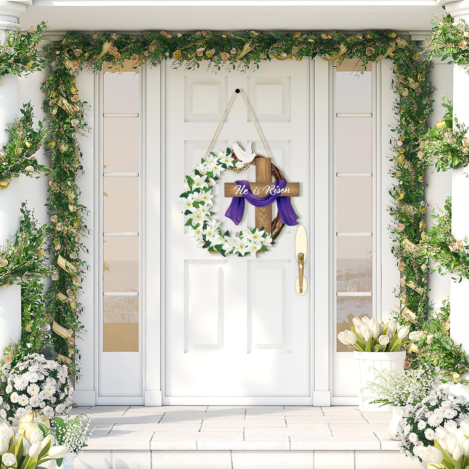 He is Risen Easter Decoration Wooden Wreaths for Front Door Sign Cross