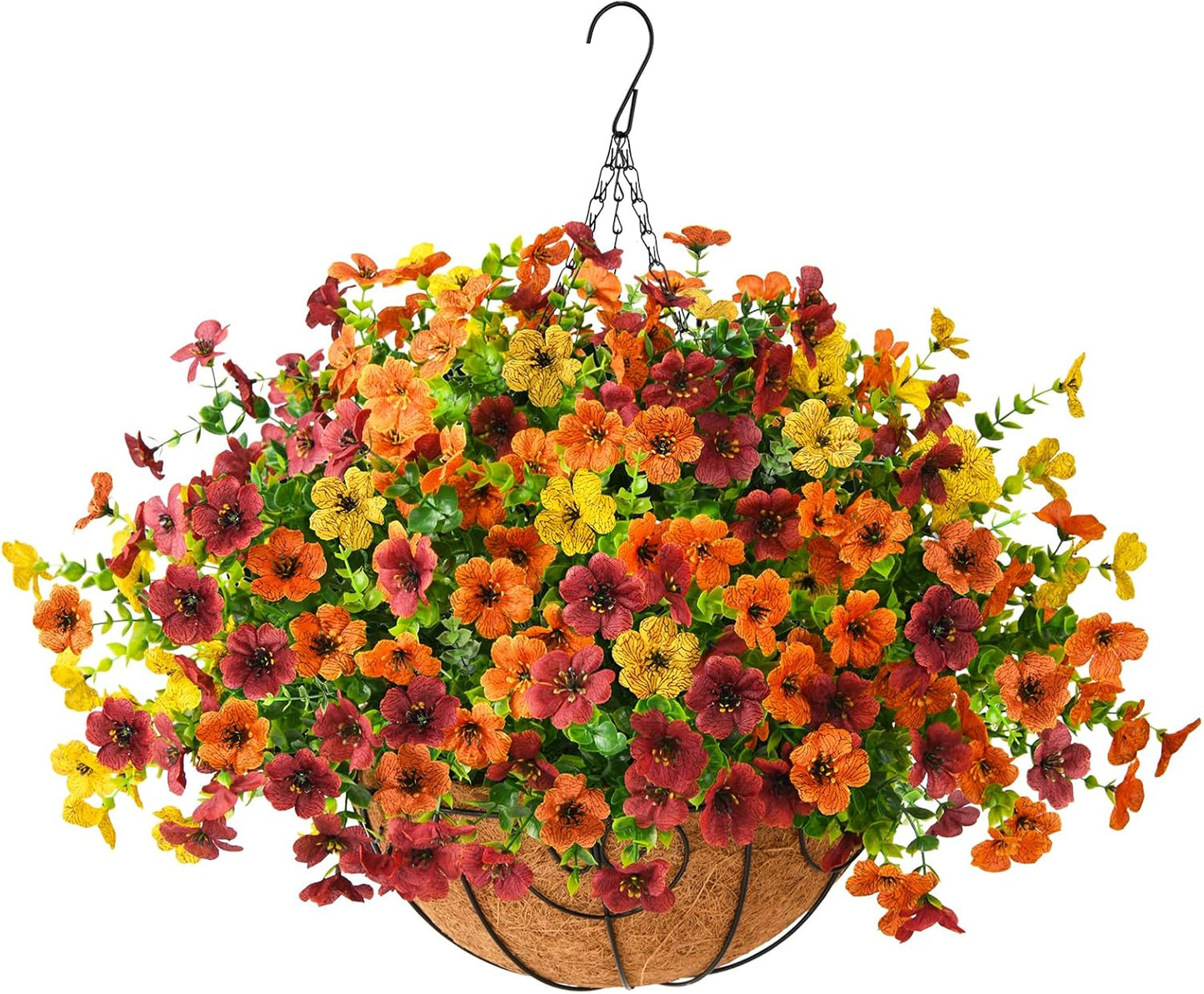 Artificial Fake Hanging Plants Flowers Basket, Faux Silk Daisy in Planter Realistic UV Resistant for Outside Home Patio Balcony Yard Mums Autumn Outdoor Decoration (Orange Brown Yellow)
