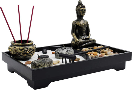 Royal Brands Zen Garden with Buddha, Rake, Rock Candle, and Incense Holder – Peace and Tranquility (9"x6"x7")