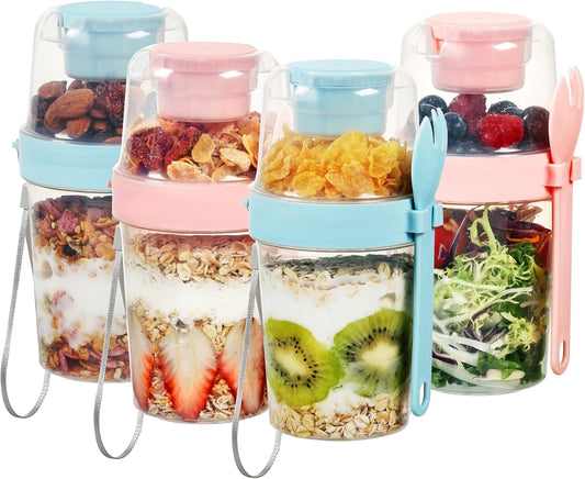 Vtopmart 4 Pack 27oz Yogurt Parfait Cups with Lids and Spoons, Overnight Oats Containers, Reusable Topping Compartment for Breakfast with Yogurt, Cereal or Oatmeal On-the-Go