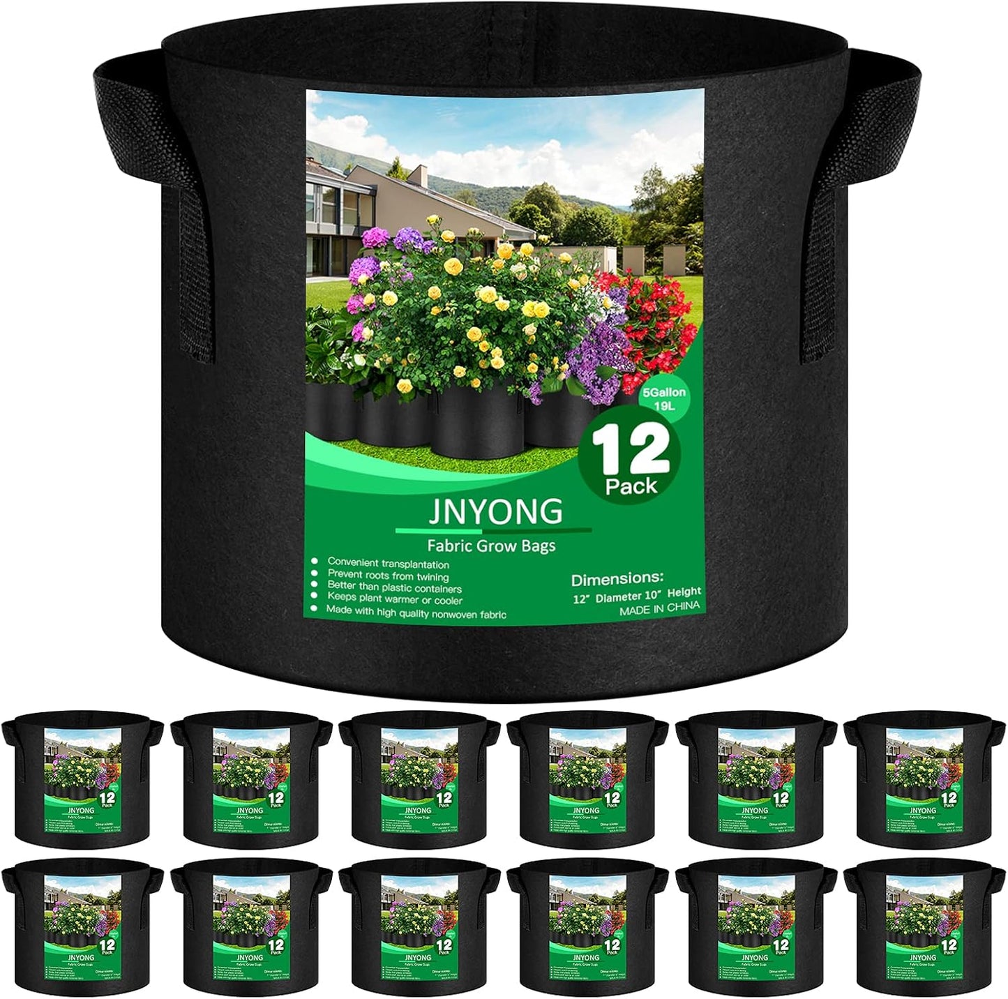 12-Pack 5 Gallon Thickened Non-Woven Grow Bags, Aeration Fabric Pots w