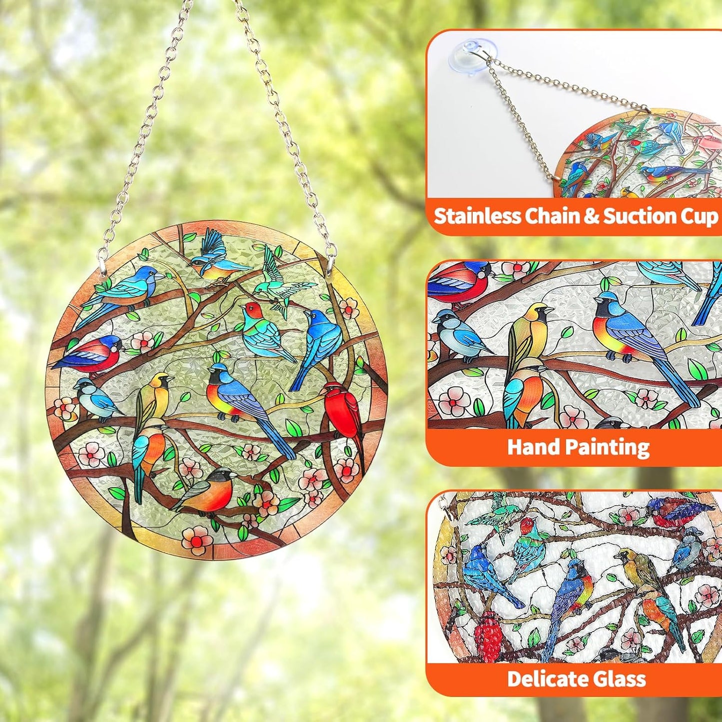 Stained Glass Window Hanging Suncatcher – Hand-Drawn Cardinal & Hummingbird Panel, Round Glass Ornament, Birds on a Branch Nature Decor, Colorful Gift for Bird Lovers, Family, and Friends (6 inch)