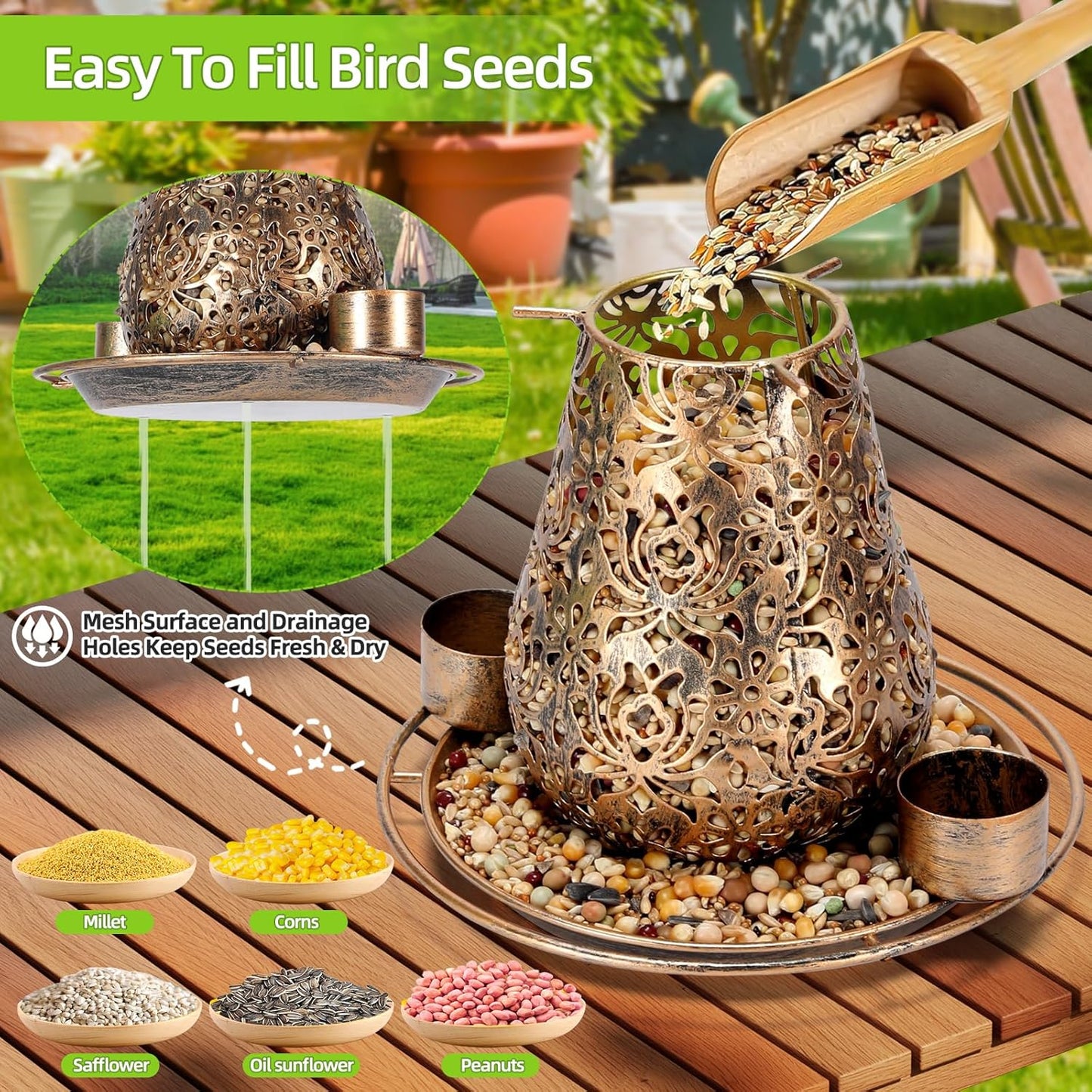 Mushroom Solar Bird Feeders for Outdoors Hanging Metal Wild Bird Feeder with S Hook for Garden Decoration Brown