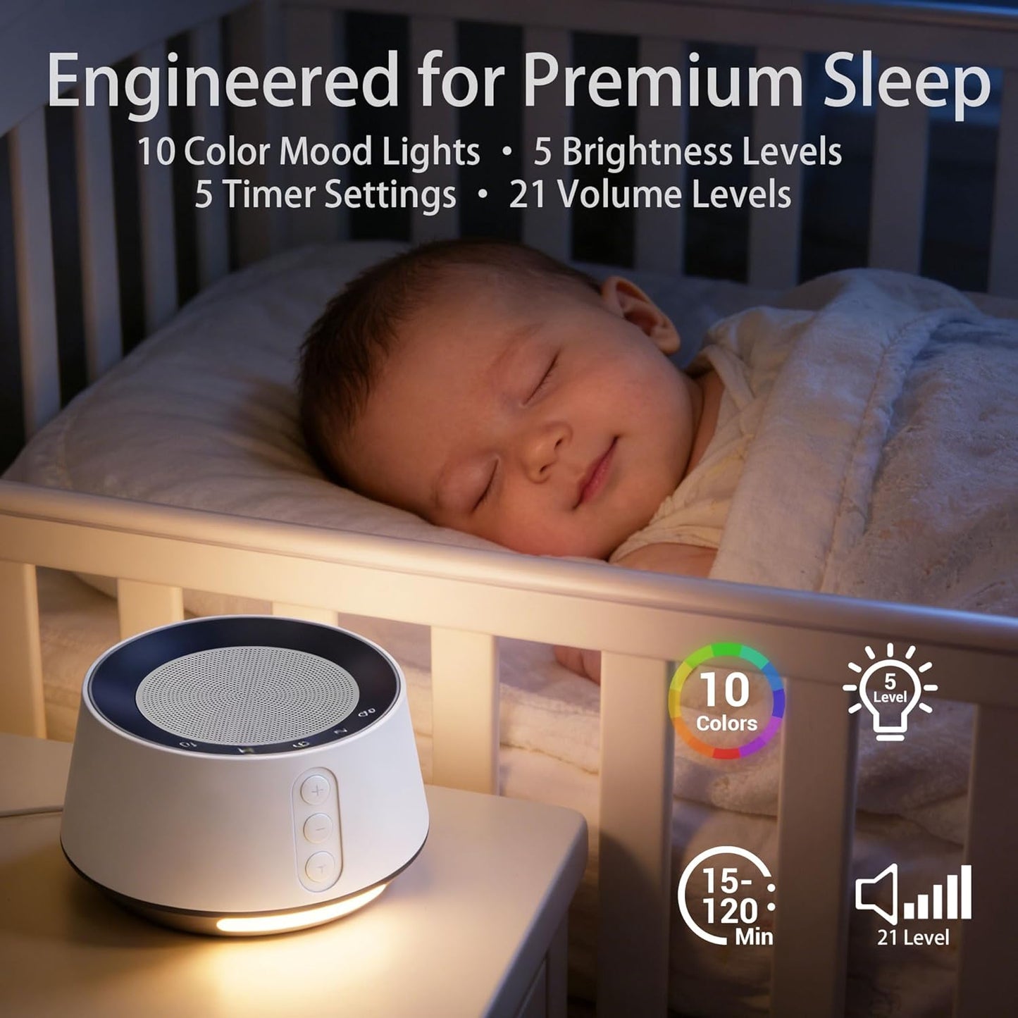 BGOVERSS White Noise Sound Machine with 20 Soothing Sounds, 10 Colors Night Light Sleep Machines Home Office Travel, 5 Timers and Memory Feature Sound Machine for Nursery Baby Kids Adults (White)