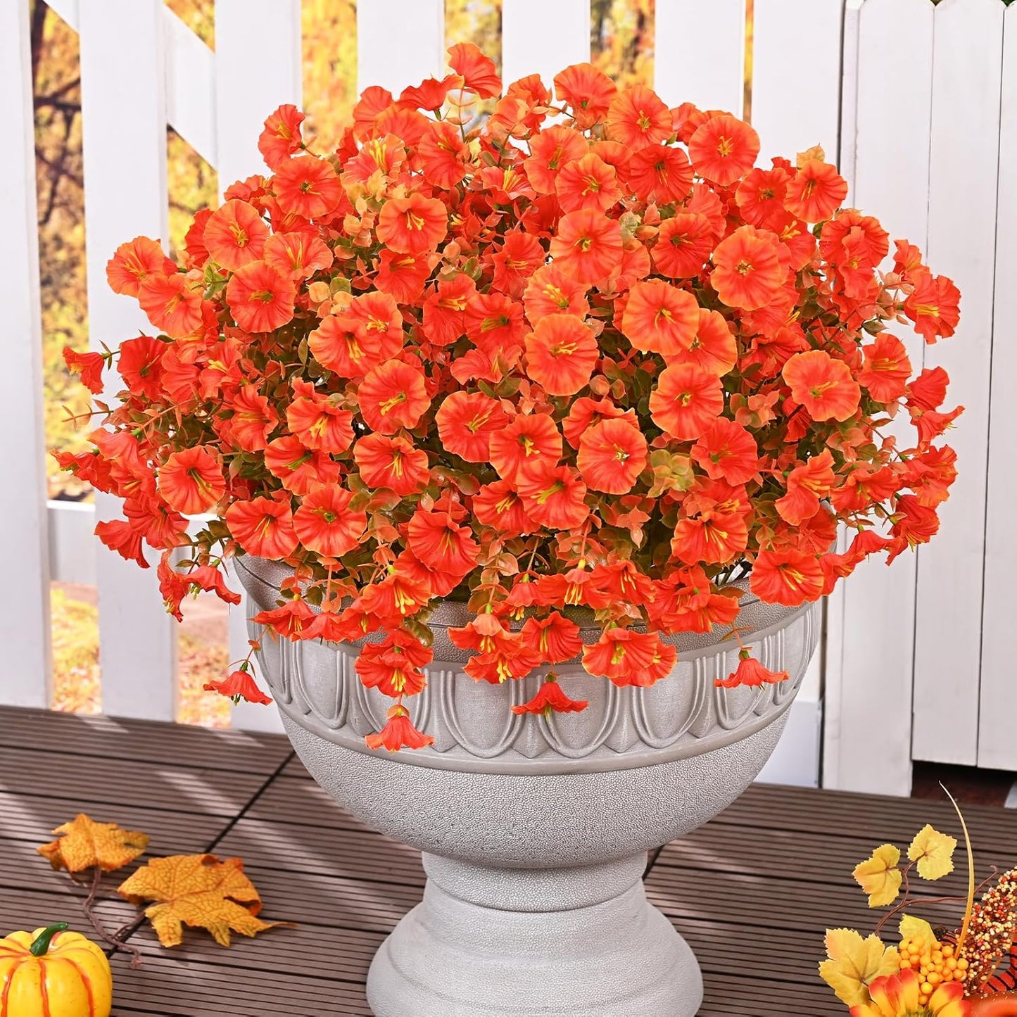 MARTINE MALL Artificial Fall Flowers for Outdoors, 12 Bundles Faux Fall Flower for Outdoor Planters, UV Resistant Fall Flowers Artificial for Outdoors Fake Autumn Petunias for Front Porch (Orange)