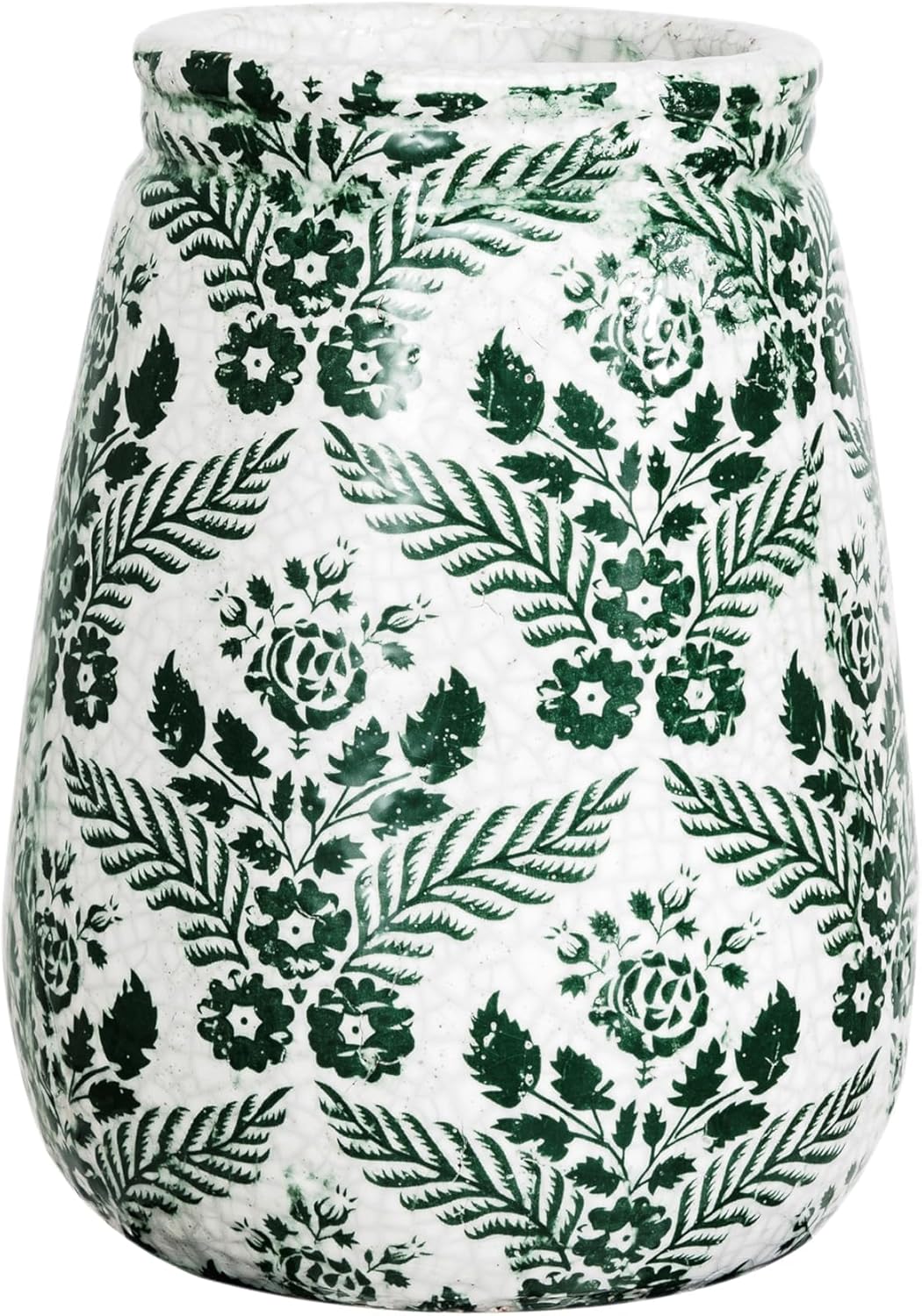 Creative Co-Op Terra-Cotta Planter Vase with Flower Pattern and Crackle Glaze, Green and White