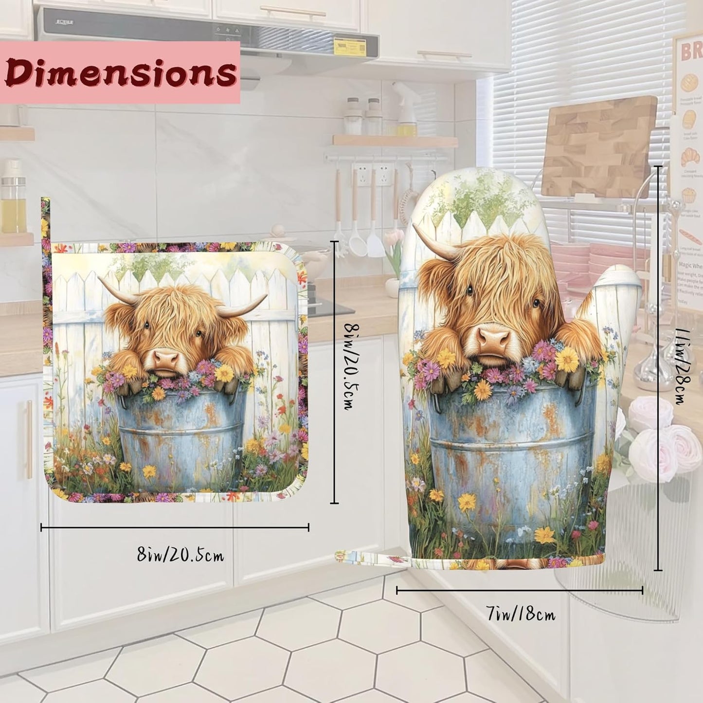 Cute Highland Cow Flowers Garden Heat-Resistant Silicone Oven Mitts and Pot Holders 4 Piece Set,Extra Long Non-Slip Kitchen Oven Gloves for Cooking, Baking, BBQ,Grilling