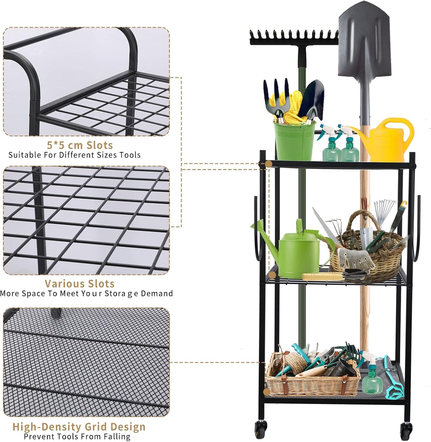 Uboway Garden Tool Organizer: Yard Tool Organizer for Garage with Water Hose Holder and Wheels, Up to 60 Long Handled Tools, Garden Tool Holder For Garage, Shed, Outdoor, Easy to Install, Black
