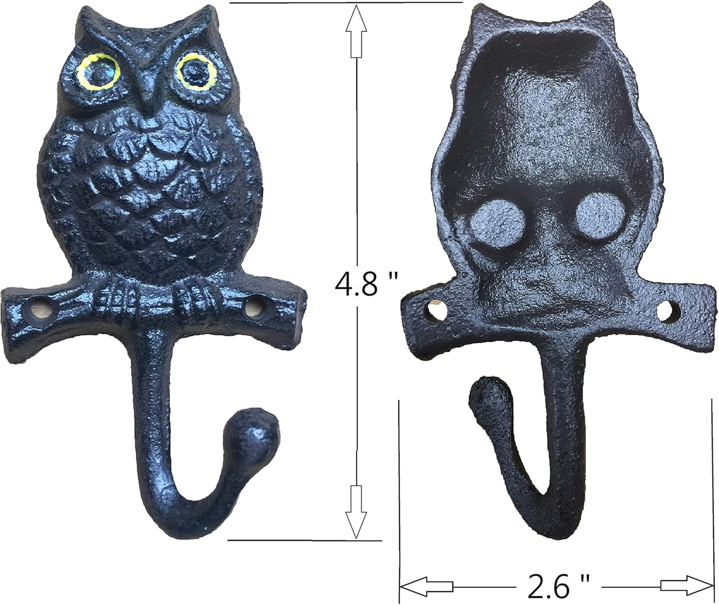 Cast Iron Hooks Decorative Owl Animal Shaped - Key Holder Towel Hook Wall Mounted Cast Iron Metal Hooks for Home Garden Office Indoor Outdoor, Hand Made, Gift, 2 pcs/Set