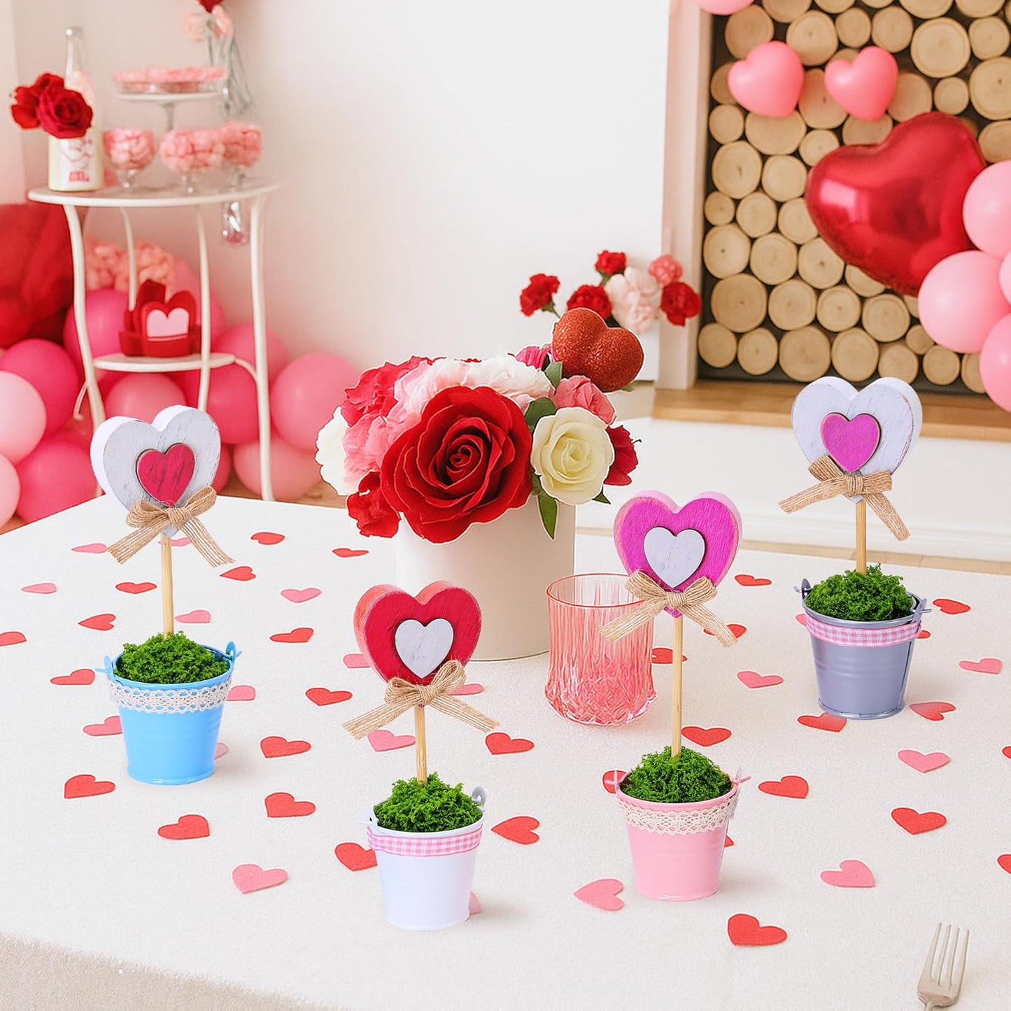 4 Pcs Valentines Heart Pot Wood Decoration, Mini Rustic Candy Heart Potted Sign, Artificial Valentine's Day Plant Potted Tabletop for Centerpiece Tiered Tray Decor Gifts