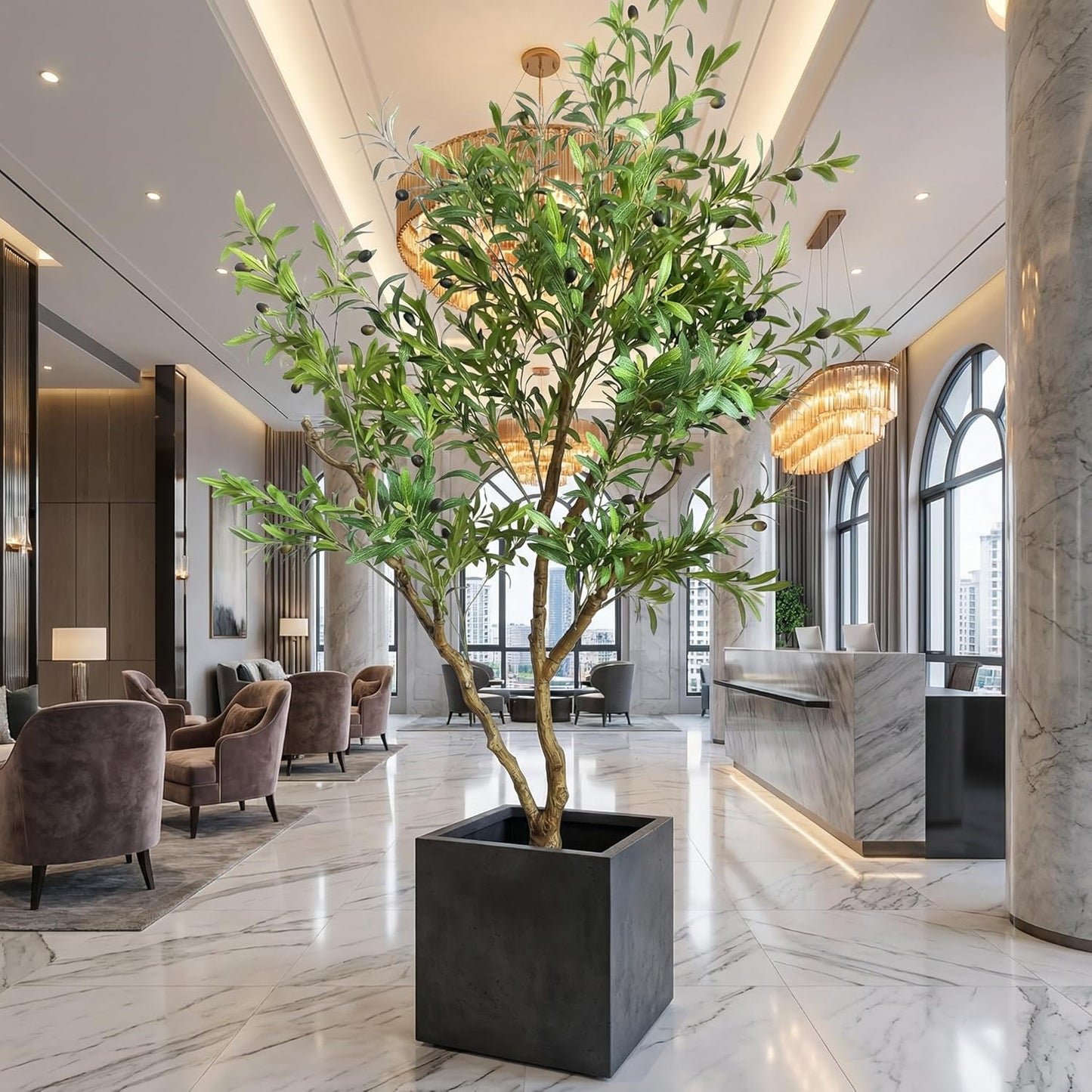 Artificial Olive Tree 7ft with Realistic Leaves, Dewdrops and Olives, Full and Grand Design Faux Tree with Sturdy Base for Indoor Outdoor Office Decor (Without Dewdrops)