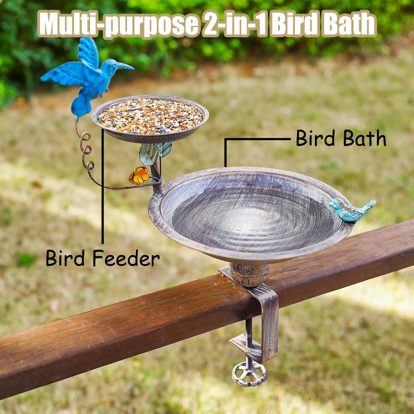 Deck Mounted Bird Bath and Feeder, 2-in-1 Balcony Metal Birdbaths for 