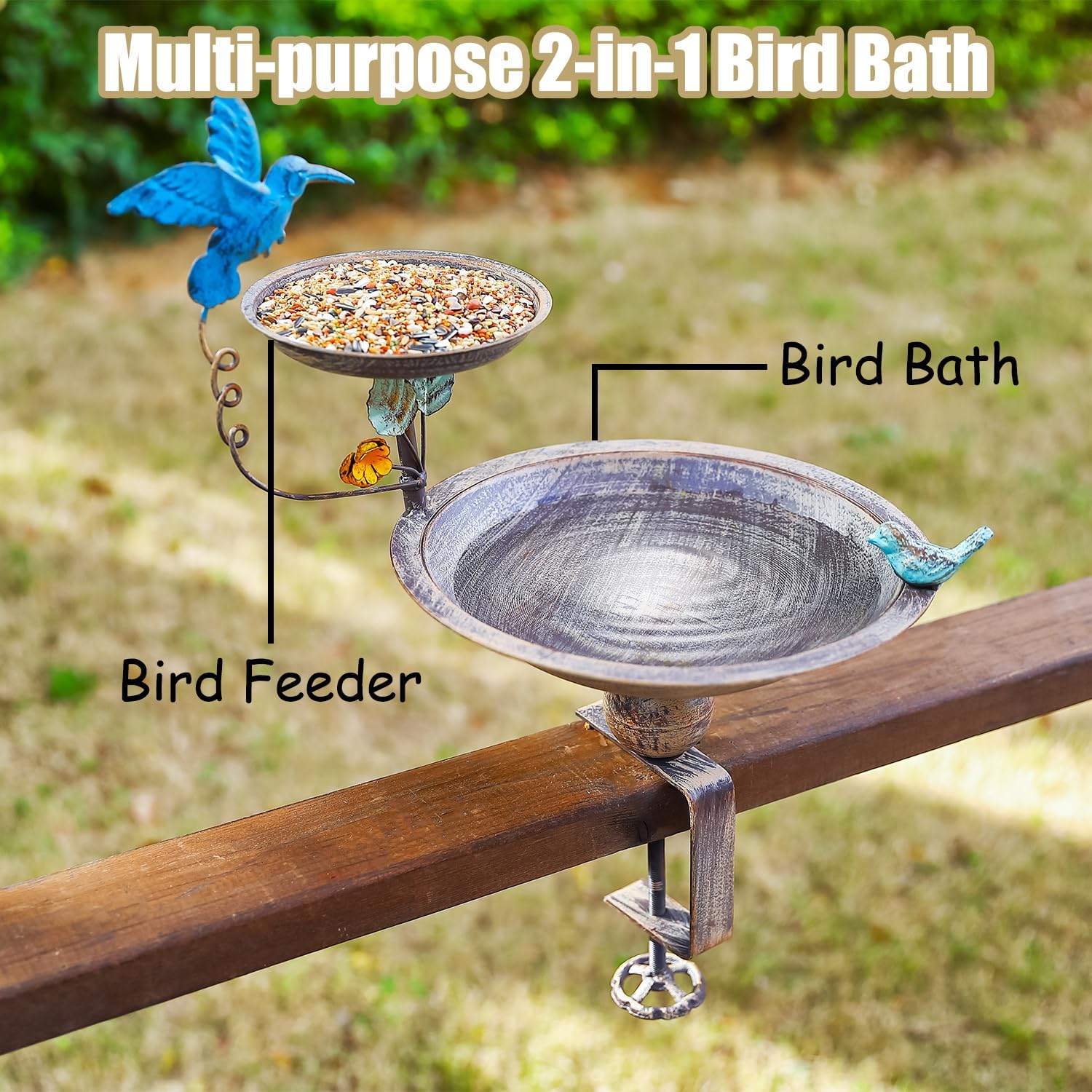 Deck Mounted Bird Bath and Feeder, 2-in-1 Balcony Metal Birdbaths for 