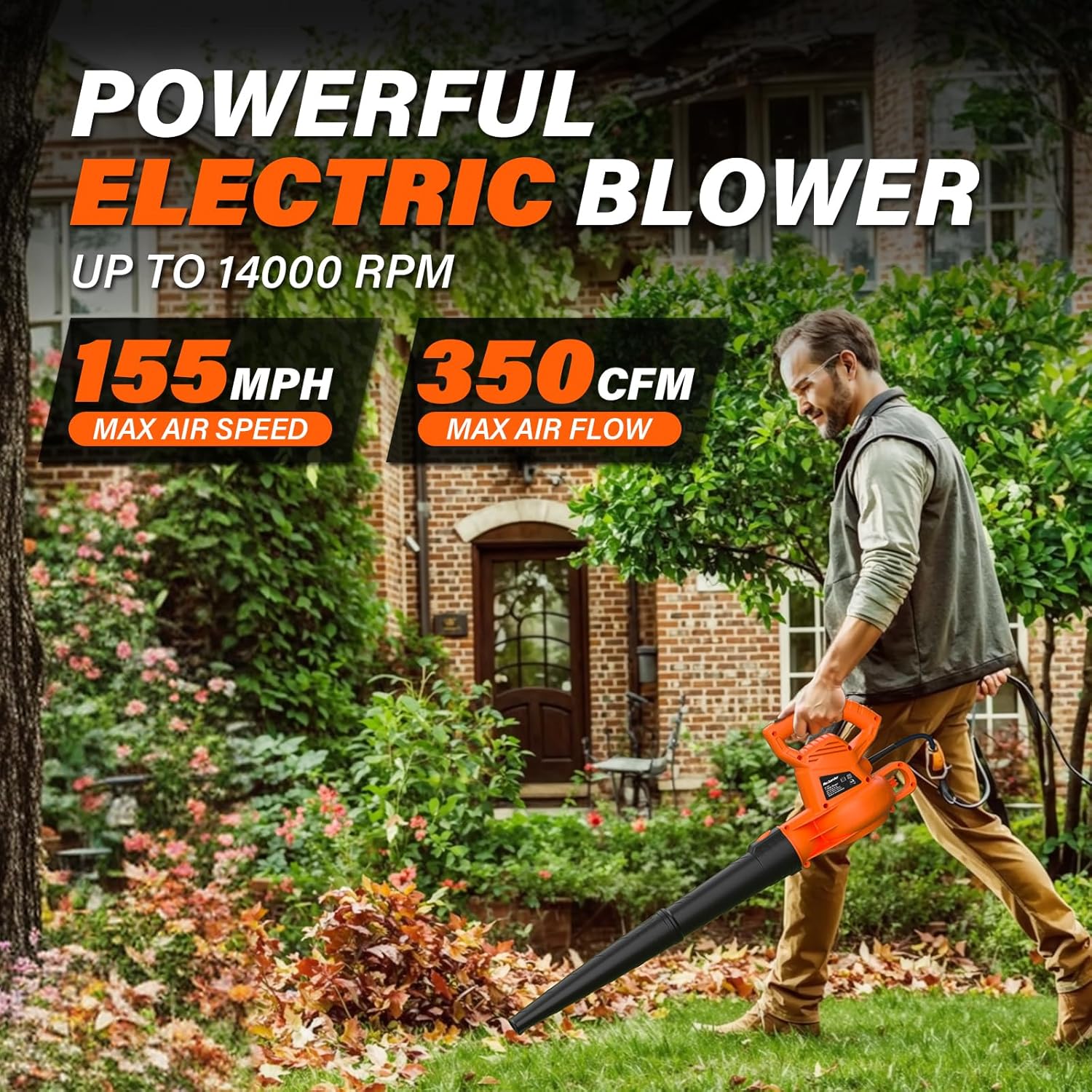 MAXLANDER Leaf Blower Corded, 7-AMP 350CFM/155MPH Electric Leaf Blower