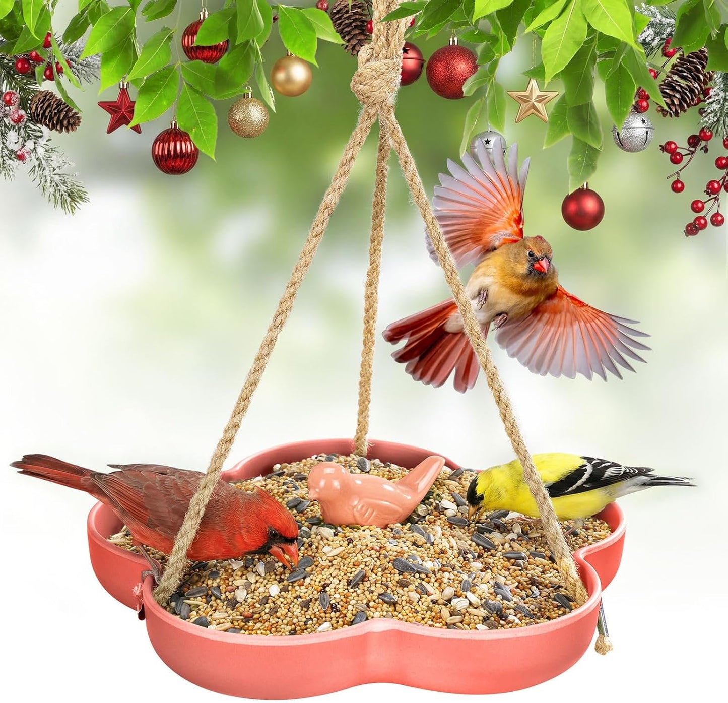 Kingsyard Hanging Bird Feeder and Bath for Outside, 9" Vintage Imitation Ceramic Platform Bird Feeder Tray for Outdoors, Heavy Water Bowl Birdbaths for Garden Patio Decoration Gifts, Orange