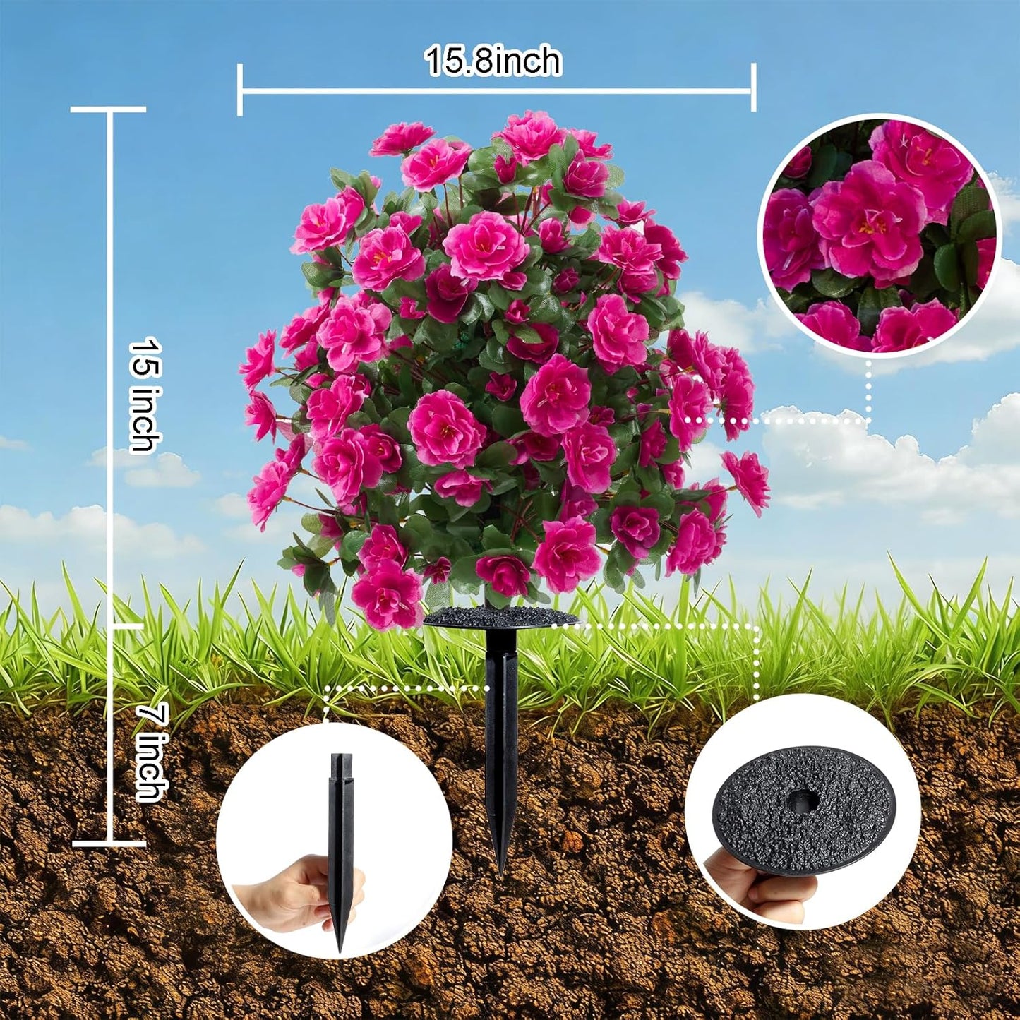 Artificial Silk Flowers Azalea for Outdoor with Ground Spike, Spring Summer 23" Faux Floral Topiaries Ball Bushes Shrubs for Home Garden Yard Patio Decor UV Resistant (Purple)