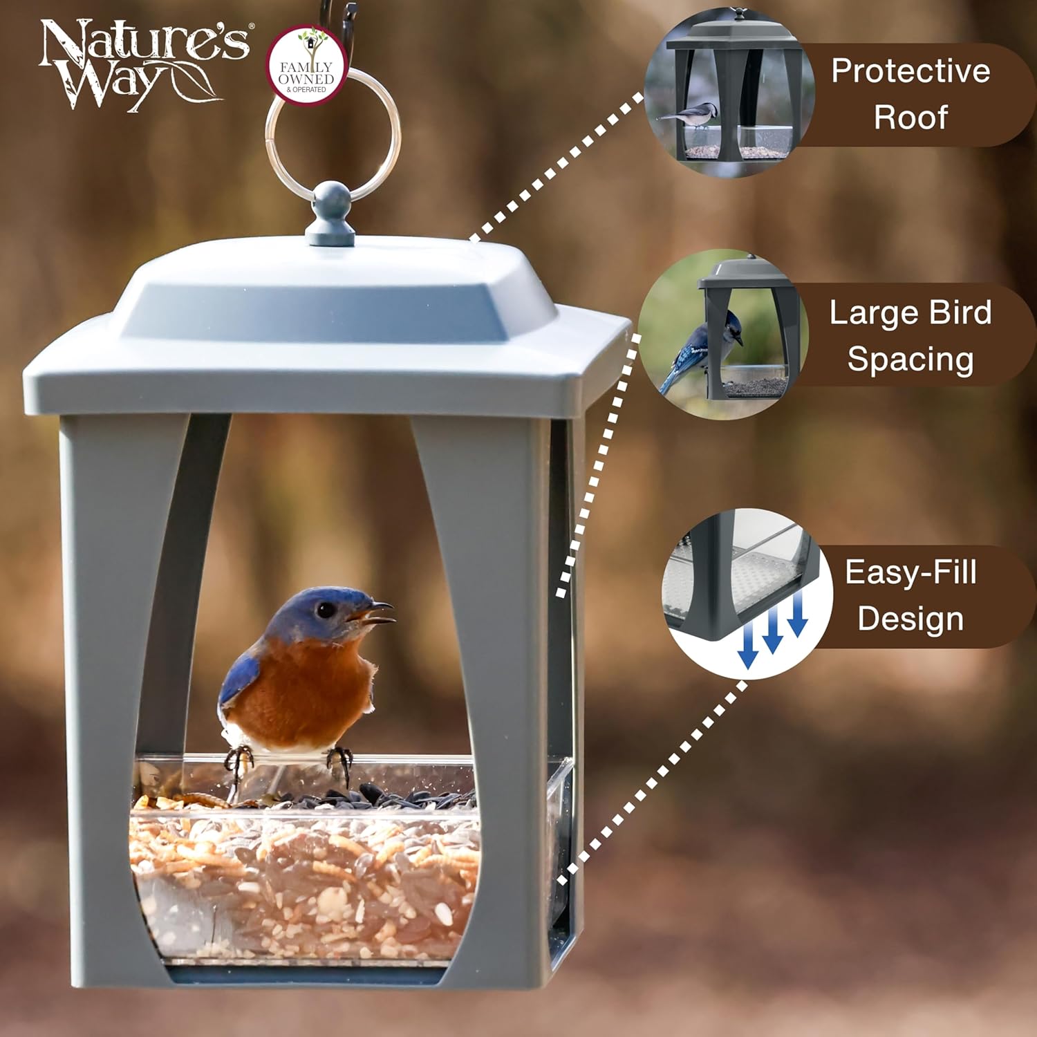 Nature’s Way Dine-in Hanging Fly-Through Bird Feeder with Protective R
