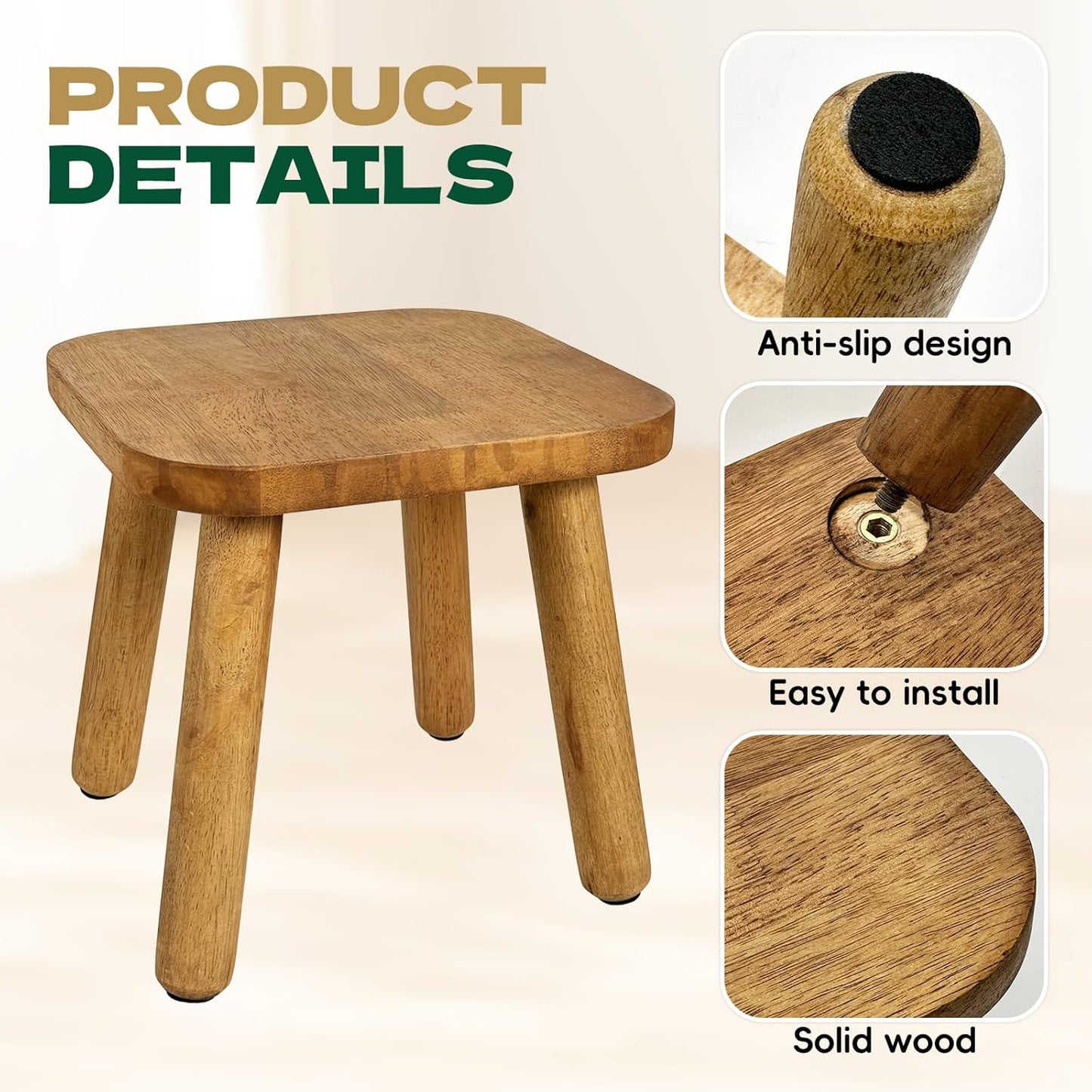 2 Pack Small Wooden Step Stools 9 Inch, Non-Slip One Step Stool Holds 300 lbs, Sturdy Bathroom Stool Plant Stand Square Footstool for Bedroom, Bathroom, Nursery, Easy Assembly
