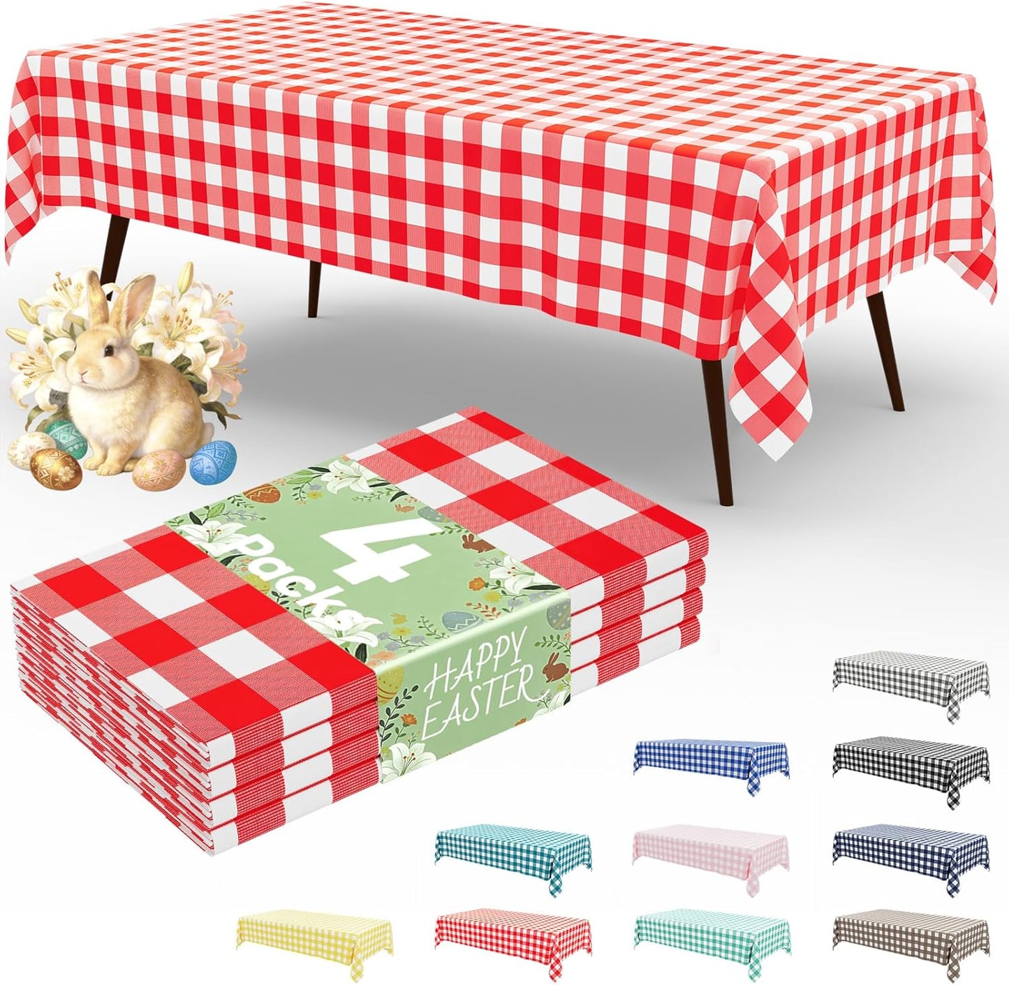 misaya 4 Packs Buffalo Disposable Table Cloth, 54 x 108 Inch Waterproof Plastic Tablecloth, Rectangle Red and White Checkered Table Covers for Picnic, Birthday, Party, Easter