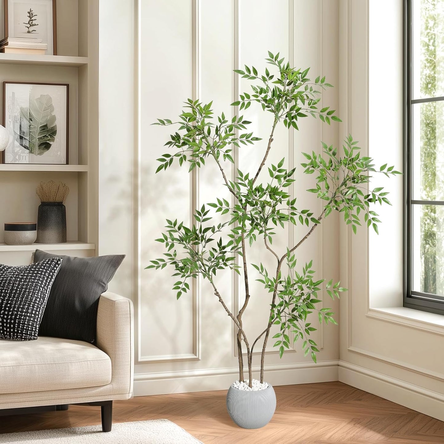 GarveeHome Artificial Plants Indoor, 5 ft Tall Faux Floor Plant in Pot, Nandina Artificial Tree with Grey Planter for Home Decor Office Living Room