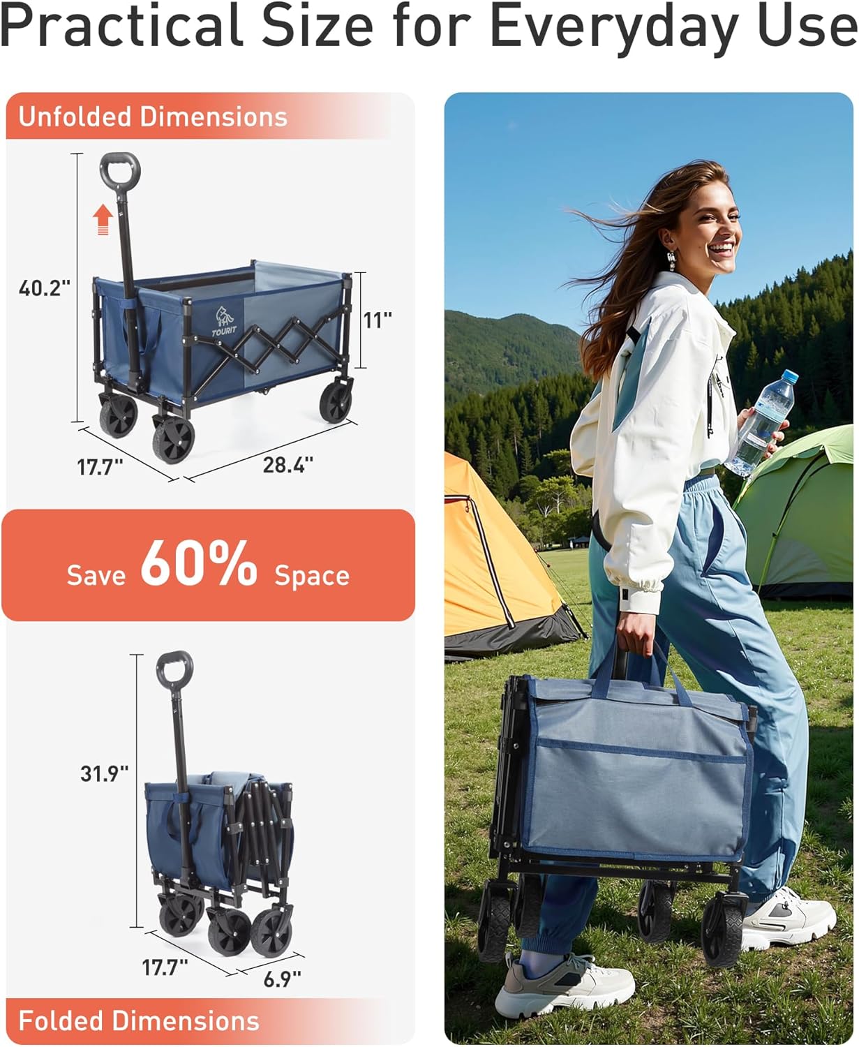 TOURIT Foldable Collapsible Wagon with All Terrain Wheels, Heavy Duty Portable Cart for Camping Beach Shopping, 330 lbs Capacity Utility Cart, Grayish Blue