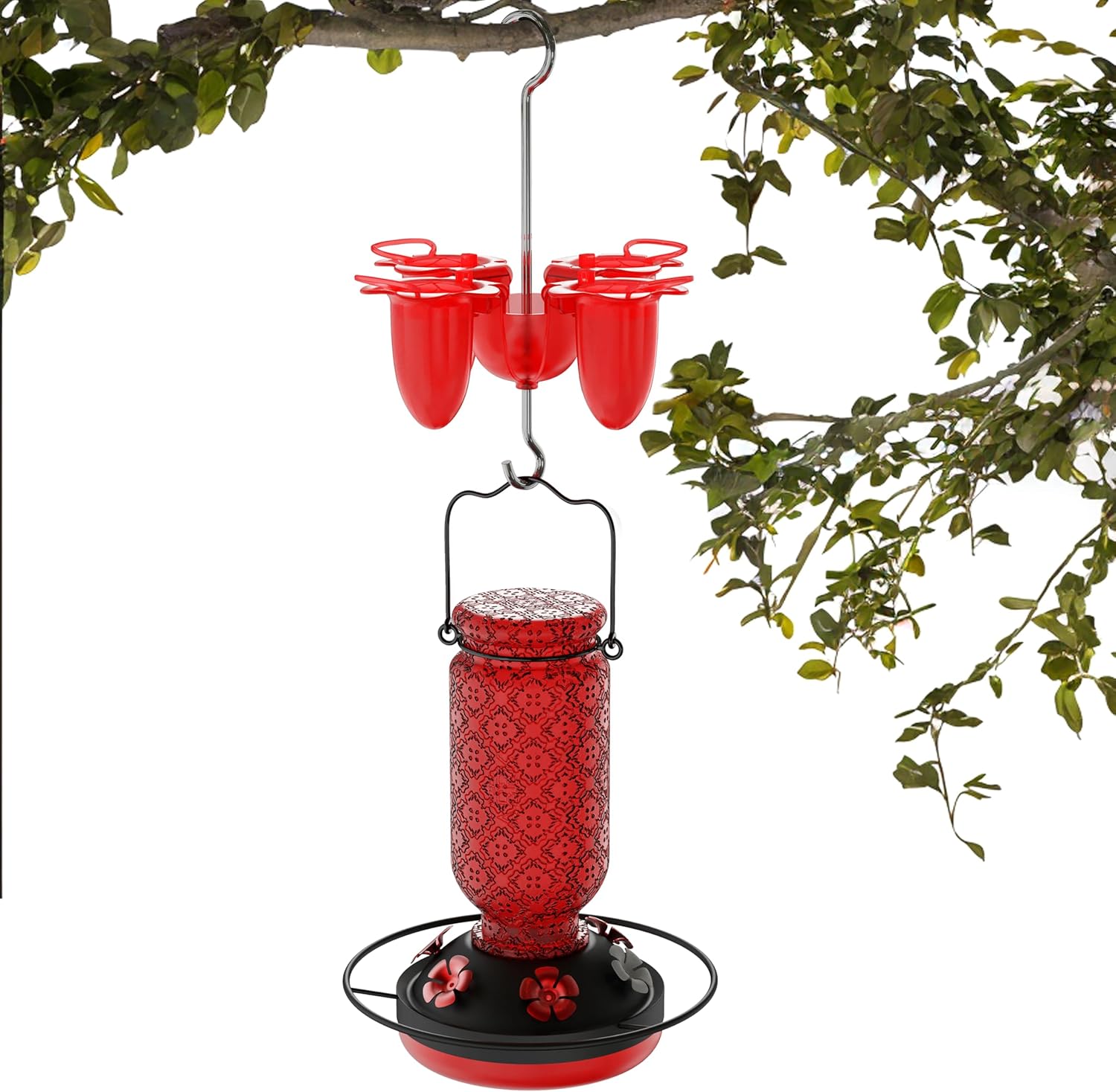 Red Plastic Small Hummingbird feeders for Outdoors Hanging, ant Moat, 