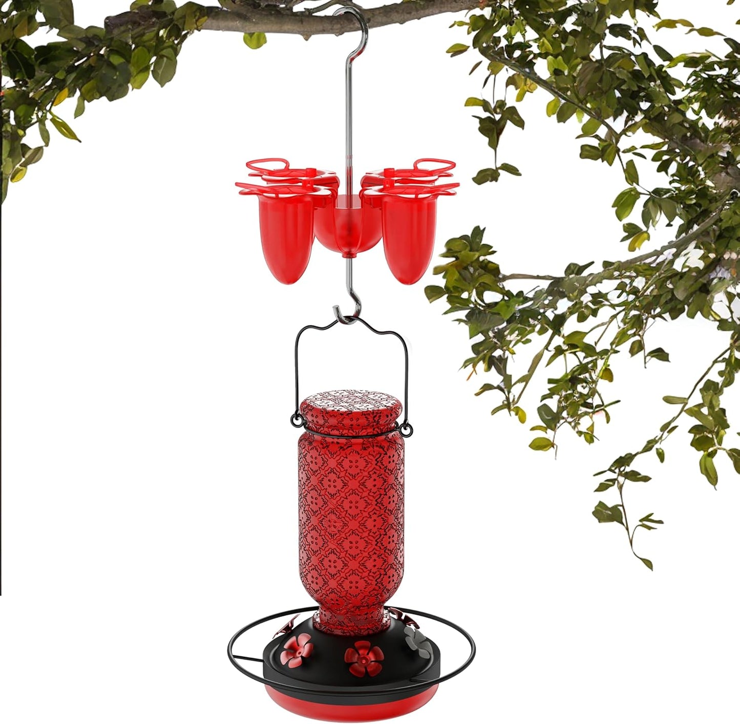 Red Plastic Small Hummingbird feeders for Outdoors Hanging, ant Moat, Bee Guards, 4 Feeding Ports & Perches, Easy to Clean and Refill, Including Hanging Hook/Cleaning Brushes & Pointed Water Bottle