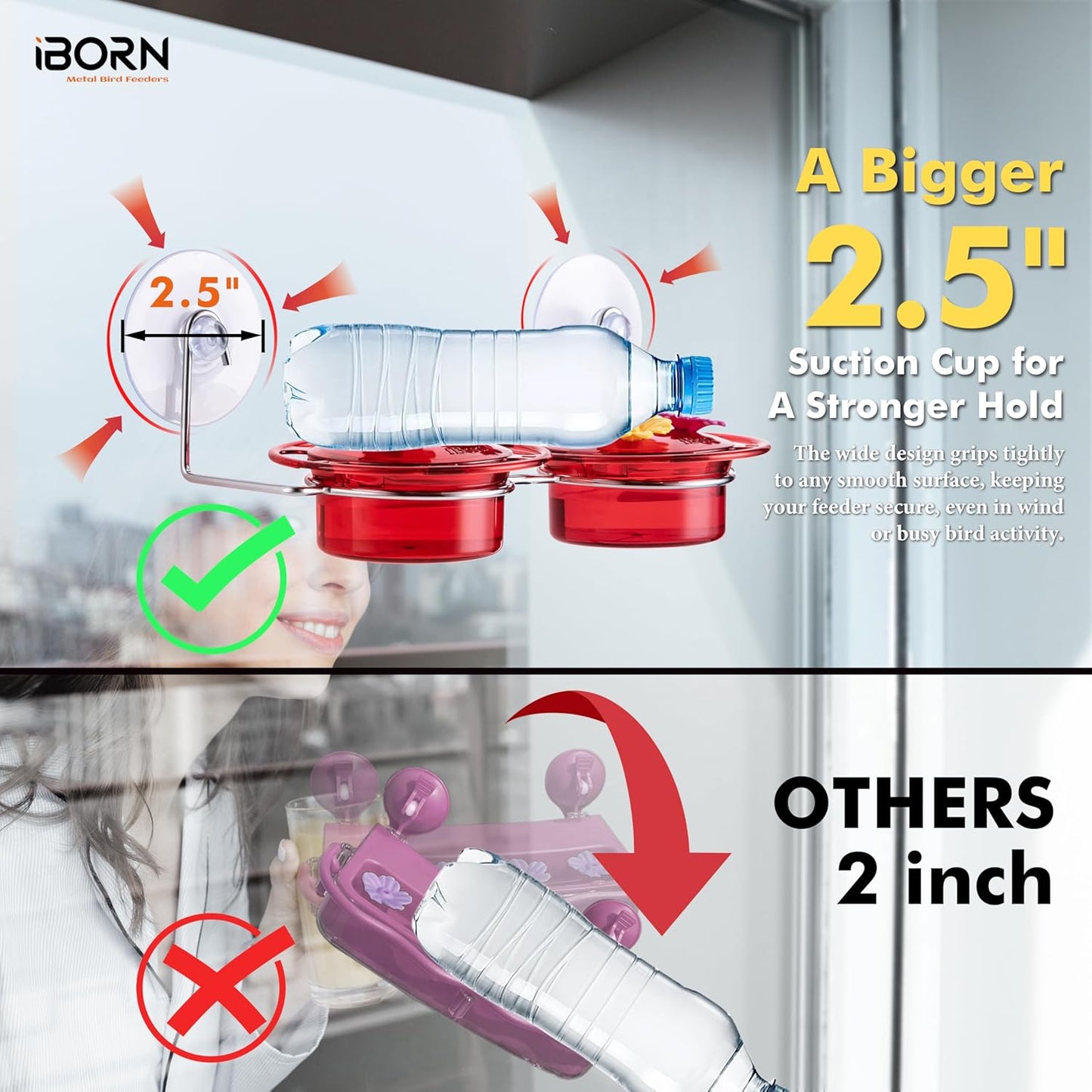 iBorn Window Hummingbird Feeder Hummingbird Feeder with Strong Suction Cup Mini Humming Bird Feeders for Outdoors, Bee-Proof Feeding Ports & Stainless Steel Base, 3oz, 2025 New