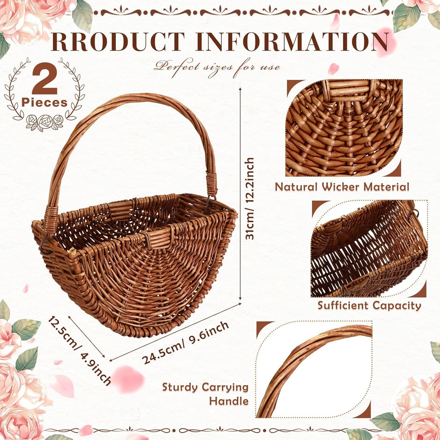 2 Pcs Flower Girl Baskets Half Moon Wicker Rattan Basket with Handle Willow Wedding Baskets for Valentine's Day Wedding Picnic Home Decorations Garden Storage (Dark Color)
