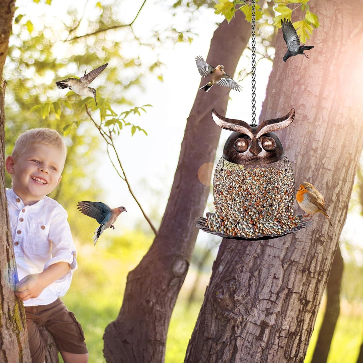 Bird Feeders for Outdoors, Metal Hanging Wild Birdfeeder with Hook for Outside Garden Yard Decor, Owl Shaped Mesh Bird Seed Feeder for Bluebird Cardinal Finch Sparrow Blue Jay