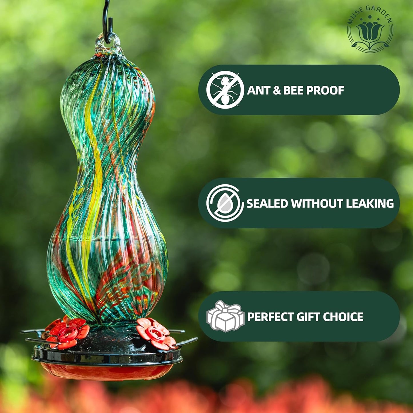 Hummingbird Feeder for Outdoors Hanging, Hand Blown Glass 24 OZ Capacity Hummingbird Bird Nectar Feeders with 4 Feeding Ports, Gifts for Women Mom Outside Garden Backyard Decor