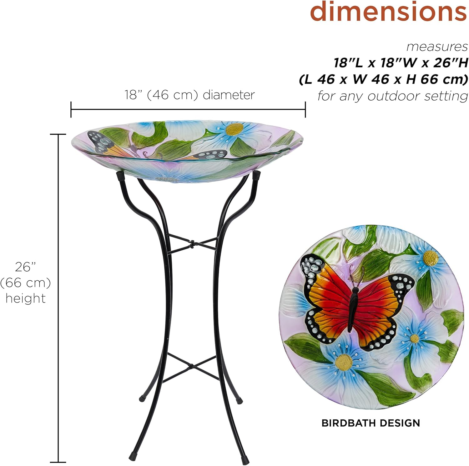 Alpine Corporation 26" Tall Outdoor Glass Floral Butterfly Birdbath wi