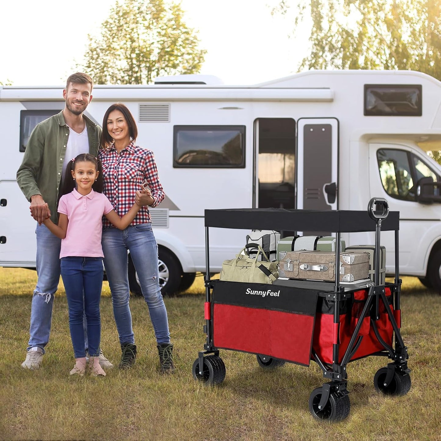 SUNNYFEEL 3 in 1 Wagon with Canopy 220lbs,230L Wagon Cart Foldable with 7'' All-Terrain PVC Wheel & Rear Hanging Shelf,Red