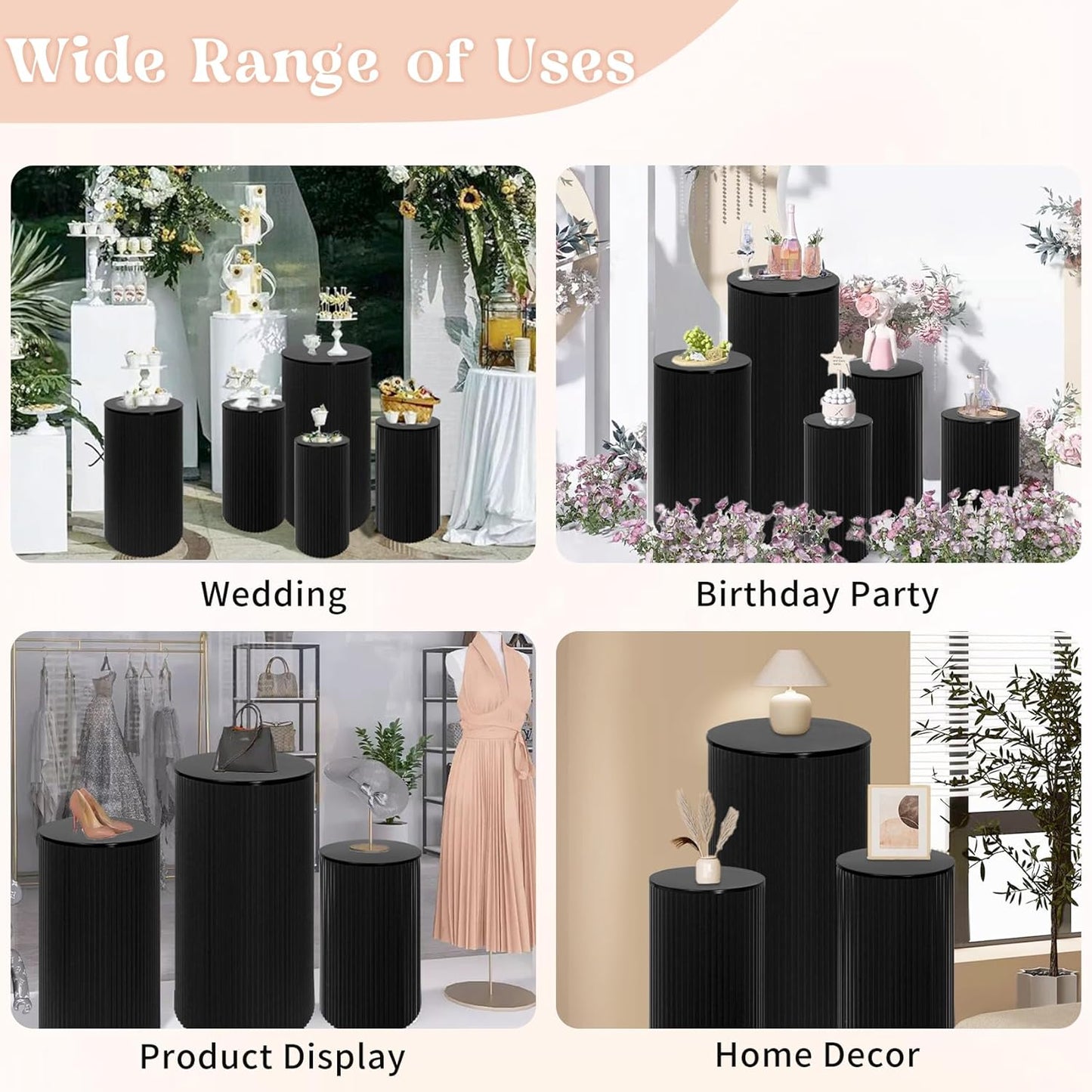 Fivenl 5 Pcs Metal Pleated Cylinder Pedestal Stands for Party, Heavy Duty Black Round Cake Pedestal Stand Flower Plant Display Plinth Pillars for Wedding Birthday Event Decor (Black)