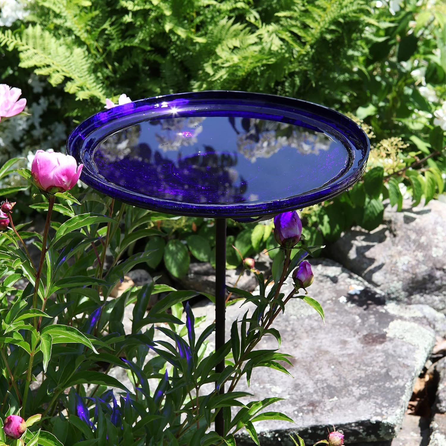 Achla Designs Crackle Glass Birdbath Bowl with Stake, 14-in, Cobalt Bl