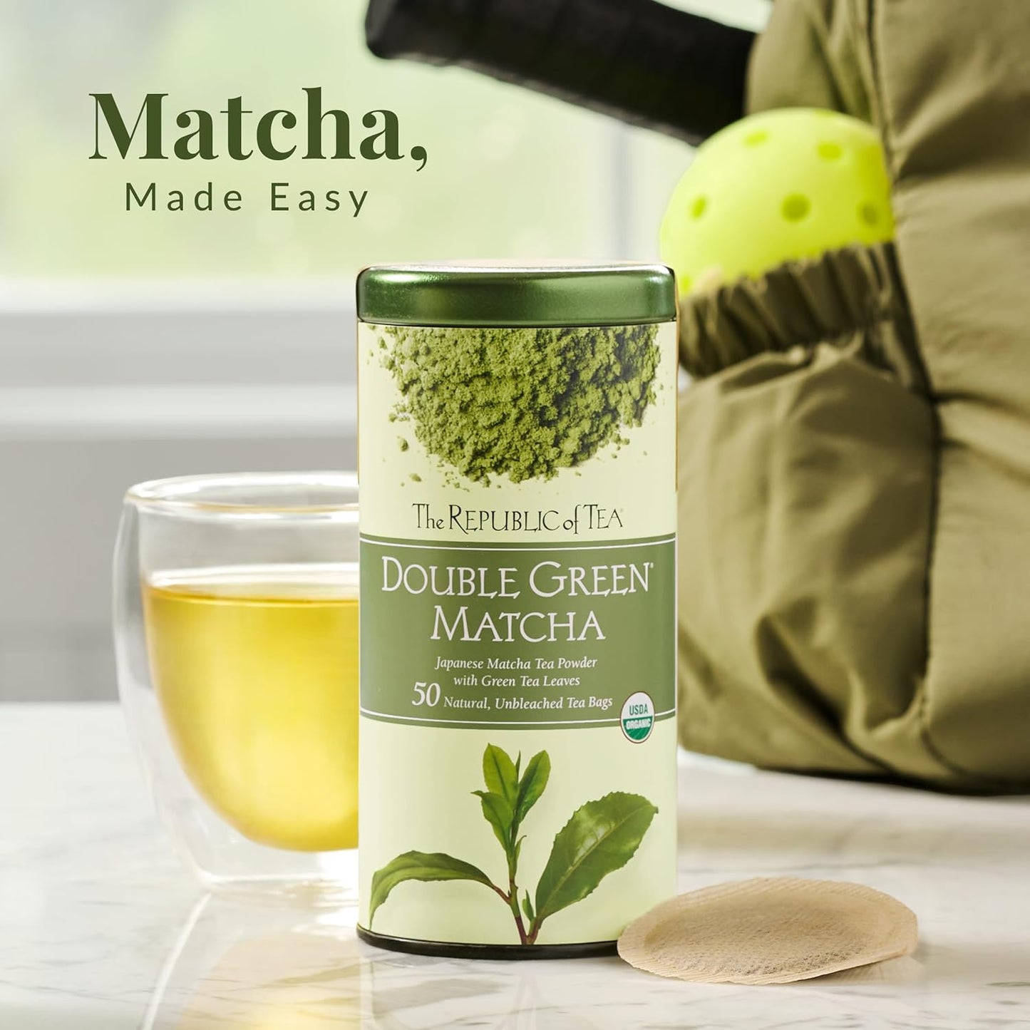 The Republic of Tea Organic Double Green Matcha, Individual Tea Bags with Japanese Matcha Tea Powder and Green Tea Leaves Blend, Natural Unbleached Bags in Reusable Tin Canister, 50 Tea Bags